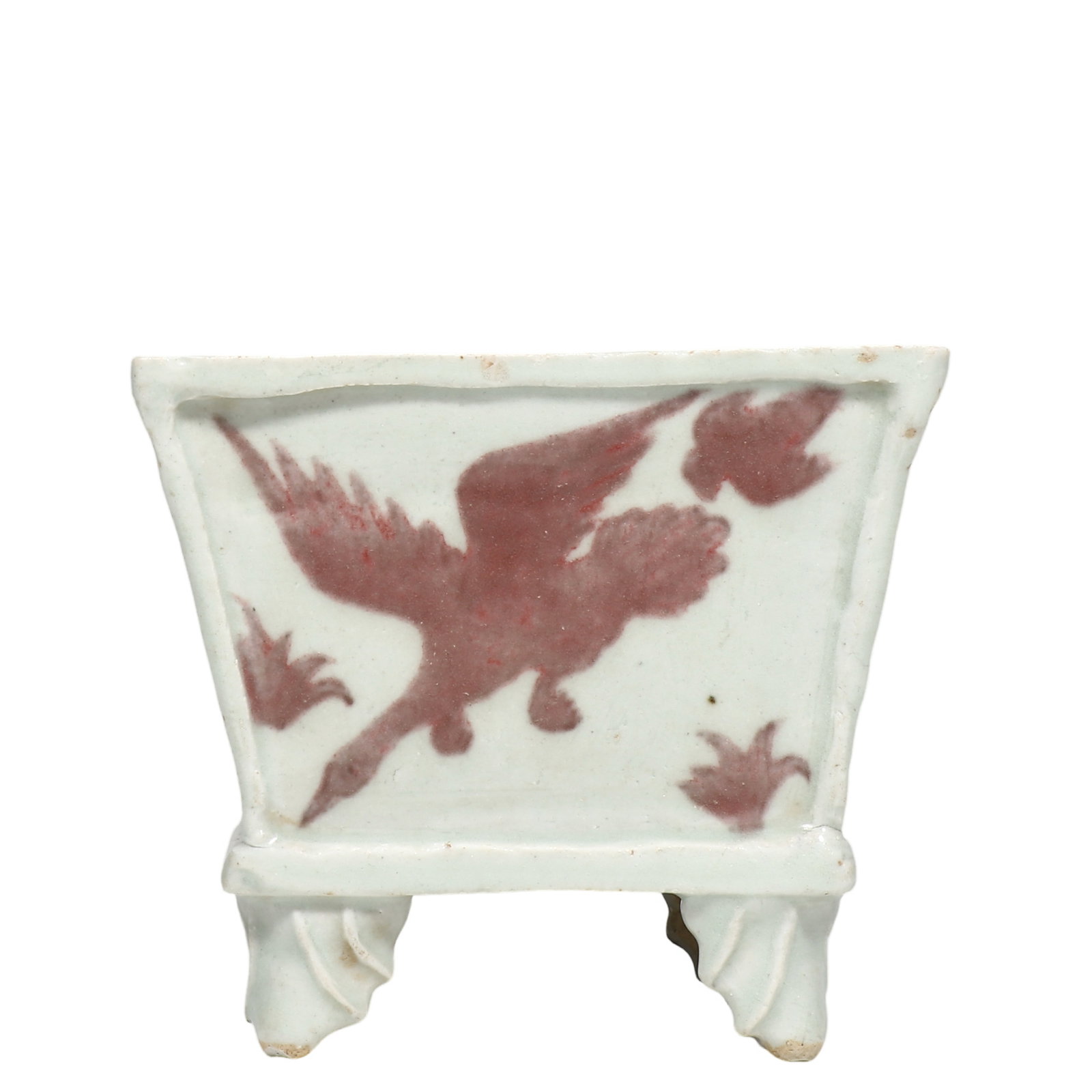 Yuan Underglaze?Red Square Censer with Wild?Goose Decoration and Beast?Shaped Feet: Dimensions?H.10.8cm?W.13cm?H.0.354ft?W.0.426ft? Condition & Provenance?The censer is intact without cracks. Four beast?form feet remain complete. Minor age?related wear on rim. Under?glaze red shows t