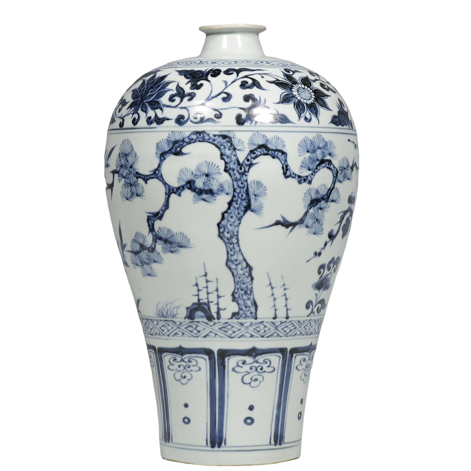 Yuan Blue?and?White Meiping Vase with Pine, Bamboo and Plum Blossom: Dimensions?H.31cm?H.1.017ft? Condition & Provenance?The vase is intact without cracks or chips. Minor age?related wear on mouth rim. Iron?rust speckles visible within cobalt pigment. Unglazed sandy ba
