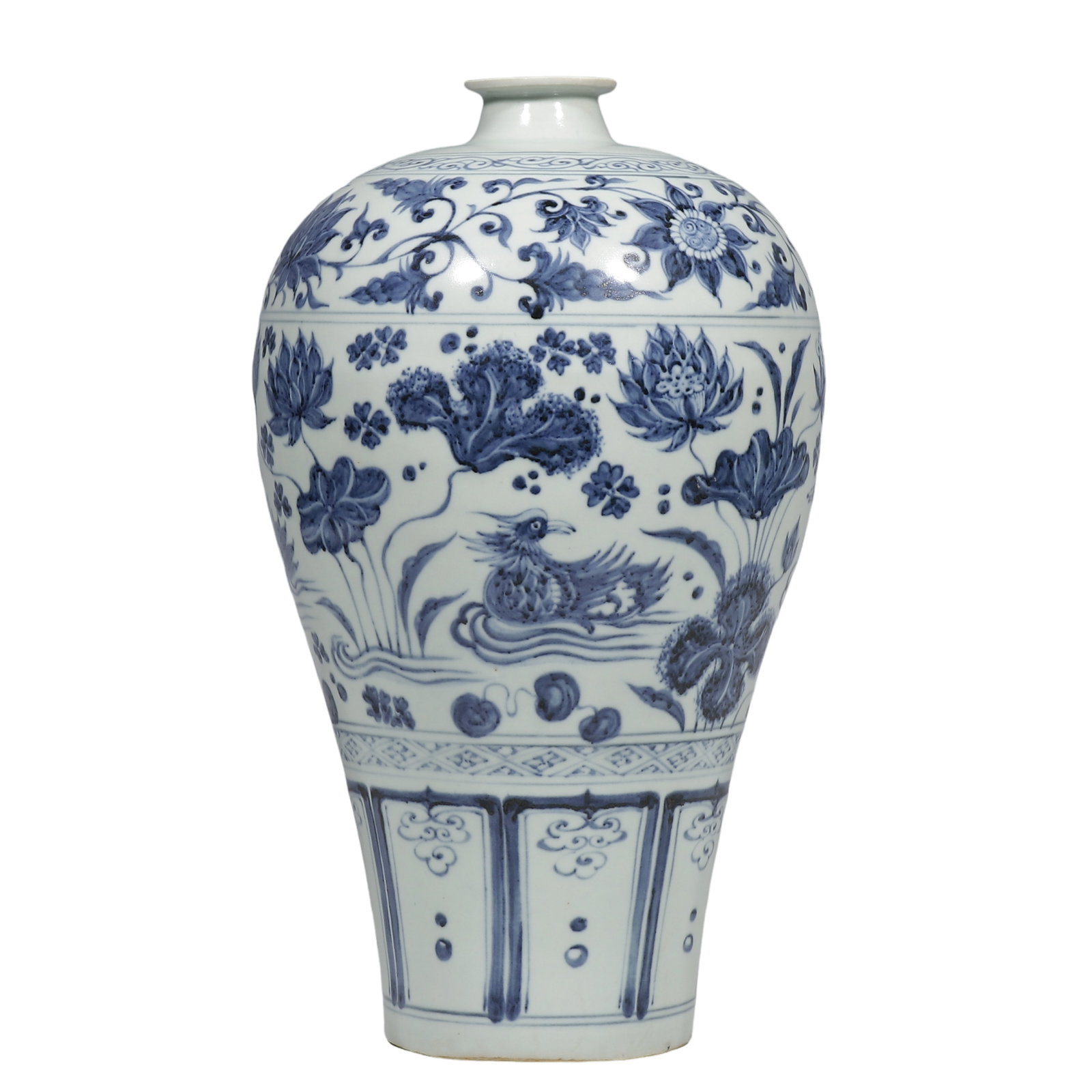 Yuan Dynasty Blue and White Plum Vase with Mandarin Ducks in Lotus Pond Motif: Dimensions?H.30.5 cm Condition & Provenance?Completely intact, no cracks or chips at rim and body. Natural blue?and?white tone, glaze bears obvious age?related wear. Unglazed sandy base displays old c