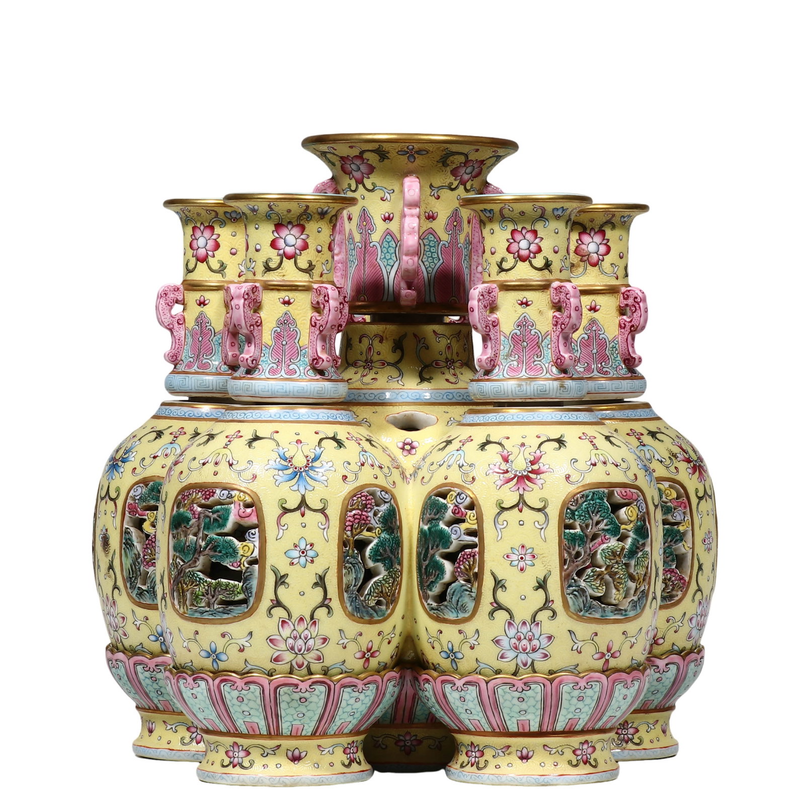 Qing Dynasty Qianlong Period Yellow?Ground Famille?Rose Six?Part Conjoined Vase with Incised: Dimensions?H.27 cm (10?5/8 in), W.20 cm (7?7/8 in) Condition & Provenance?The six?vessel integrated structure remains solid and intact. Gilding on each mouth rim shows natural age?related wear. Turquo