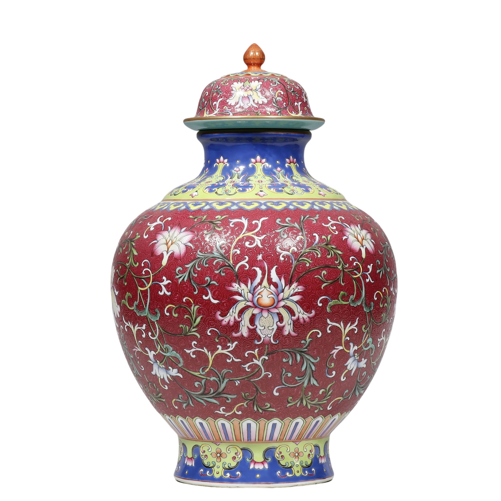 Qianlong Period, Ruby?Ground Famille?Rose Covered Jar with Sgraffito Scroll Floral Decoration: Dimensions?H.36 cm Condition & Provenance?Complete with original cover, fully intact, no cracks or chips. Crisp sgraffito ground, well?preserved enamels, intact gilding on rim, turquoise glaze to inte