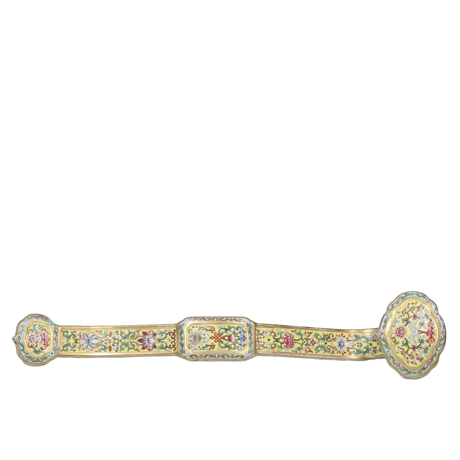 Qianlong Period, Yellow?Ground Famille?Rose Porcelain Ruyi Sceptre with Eight?Treasure &: Dimensions?L.44?cm (1?ft?5.32?in) Condition & Provenance?Fully intact, no cracks or chips. Natural fine crackle on enamel surface, vibrant enamels, well?preserved gilding, clean reverse side with genu
