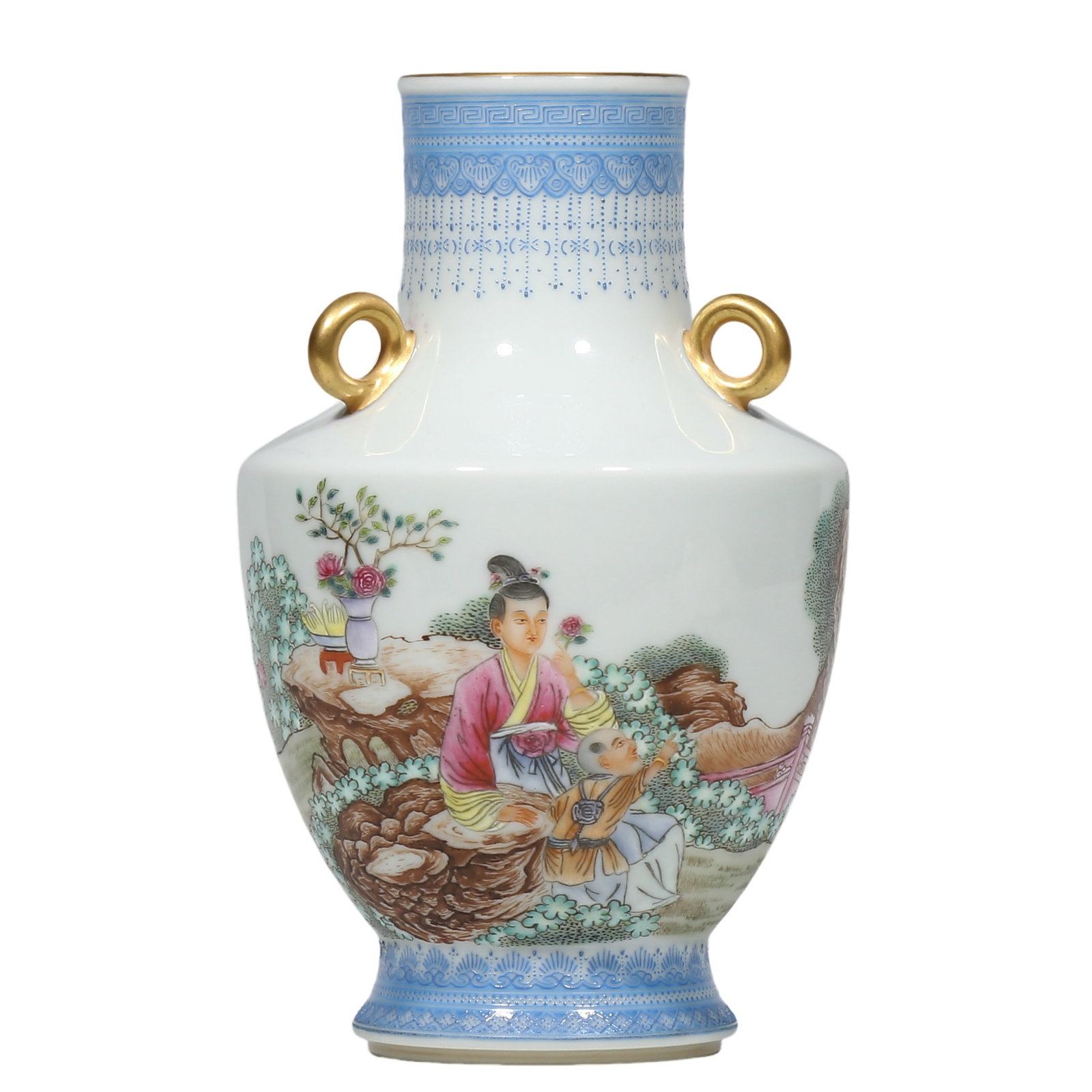 Qianlong Period, Falang?Cai Twin?Gilt?Loop?Handled Vase with Lady?and?Boy?Scene and: Dimensions?H.17?cm (0?ft?6.69?in)Condition & Provenance?Completely intact, no cracks or chips. Well?preserved gilding on rim and loop?handles, fine white lustrous glaze, vibrant falang?cai enamels, cr