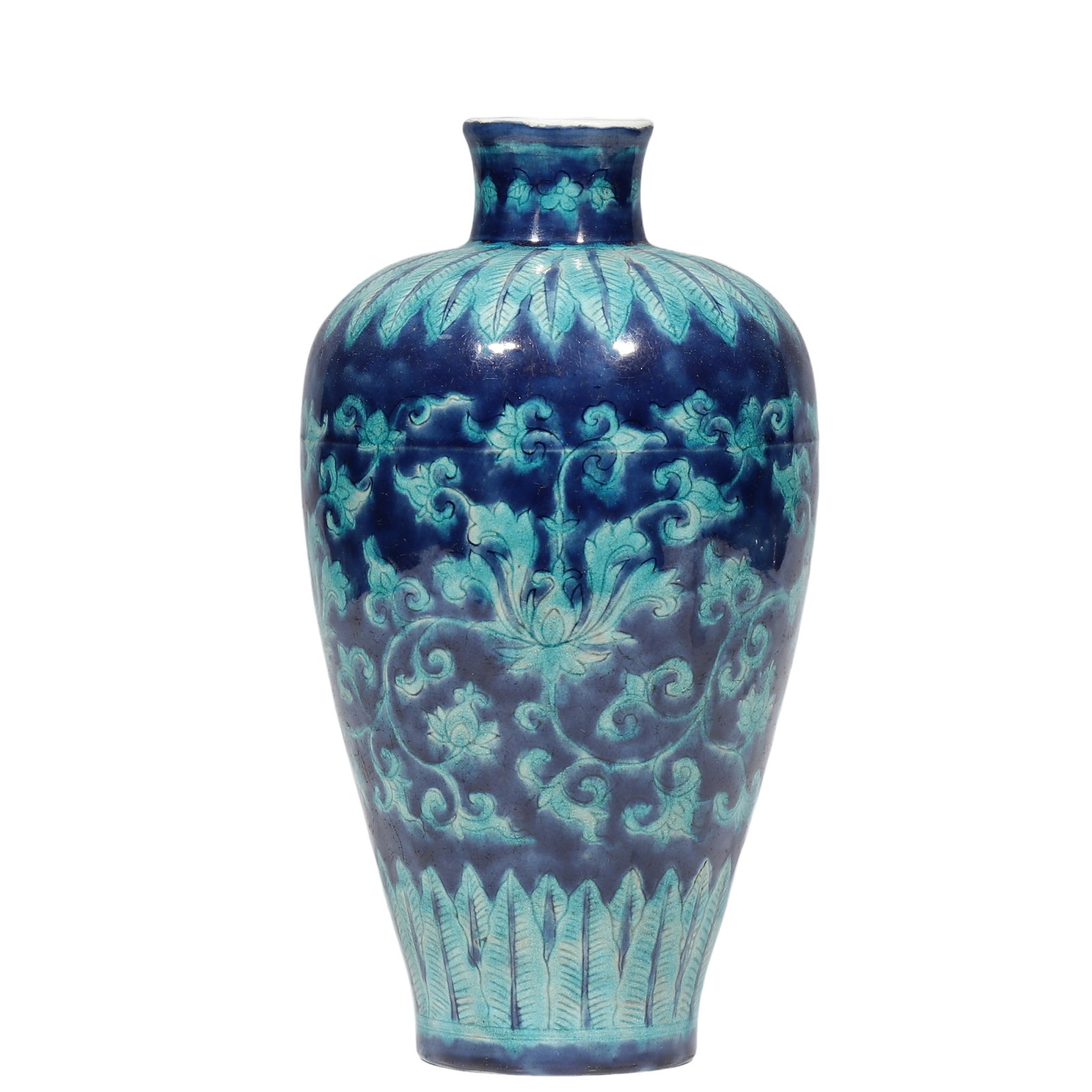 Ming Xuande, Blue?Ground Green?Enamel Meiping Vase with Interlocking Lotus: Dimensions?H.26cm Condition & Provenance?Perfect condition, no chips or cracks, natural age?related glaze crackle, minor wear to rim and foot. Formerly private collection of Robert Cole, Dallas,