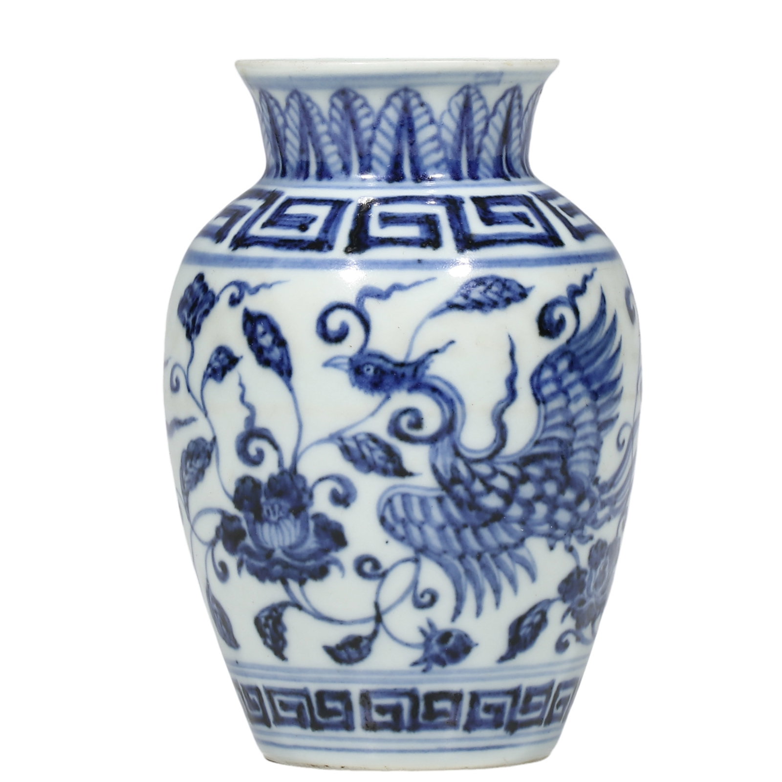 Ming Xuande Period, Blue and White Small Jar with Phoenix and Interlocking?Floral Pattern: Dimensions?H.14.5 cm, Mark and Period of Xuande Condition & Provenance?Completely intact with soft glaze, rich saturated cobalt?blue colour. Natural age?related wear on foot ring, no cracks or