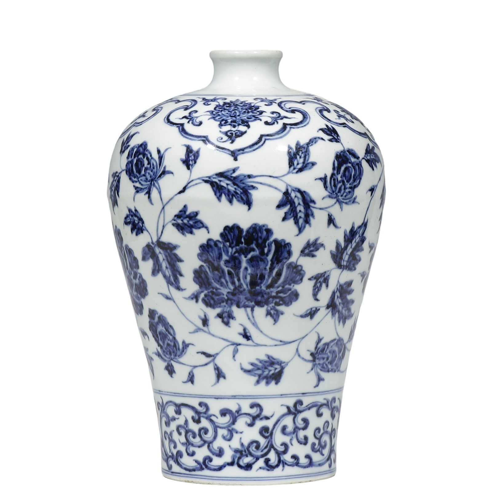 Ming Yongle Blue?and?White Meiping Vase with Interlocking Peony Scrolls: Dimensions: H. 28?cm (11?1/8 in), Early 15th?Century, Yongle Reign, Ming Dynasty Condition & Provenance: Condition: Fully intact, no cracks or restoration. Vivid cobalt?blue colour with
