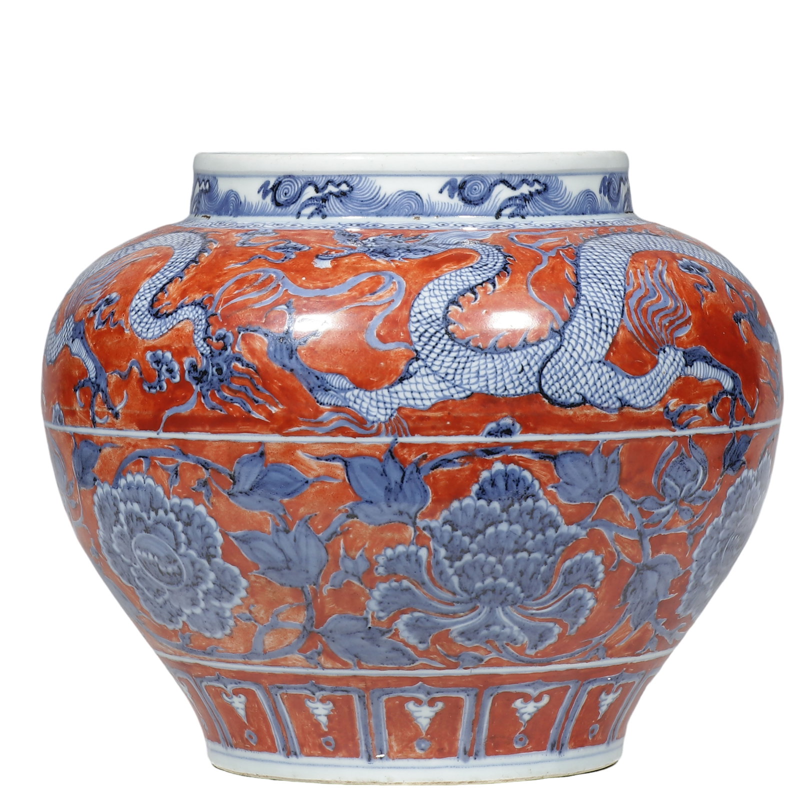 Yuan Dynasty,14th Century,A Massive Iron?Red Ground Underglaze?Blue Porcelain Jar with Dragons (1 of 6)