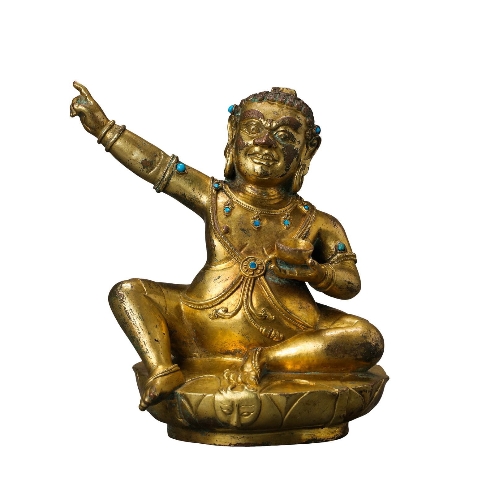 18th?Century Qing Gilt?Bronze Inlaid Turquoise Seated Mahasiddha Figure: Dimensions: H:15cm(5.91in), W:12cm(4.72in),18th century Condition & Provenance: The figure remains complete overall. Most of the original gilding survives, with natural age?related wear, small areas