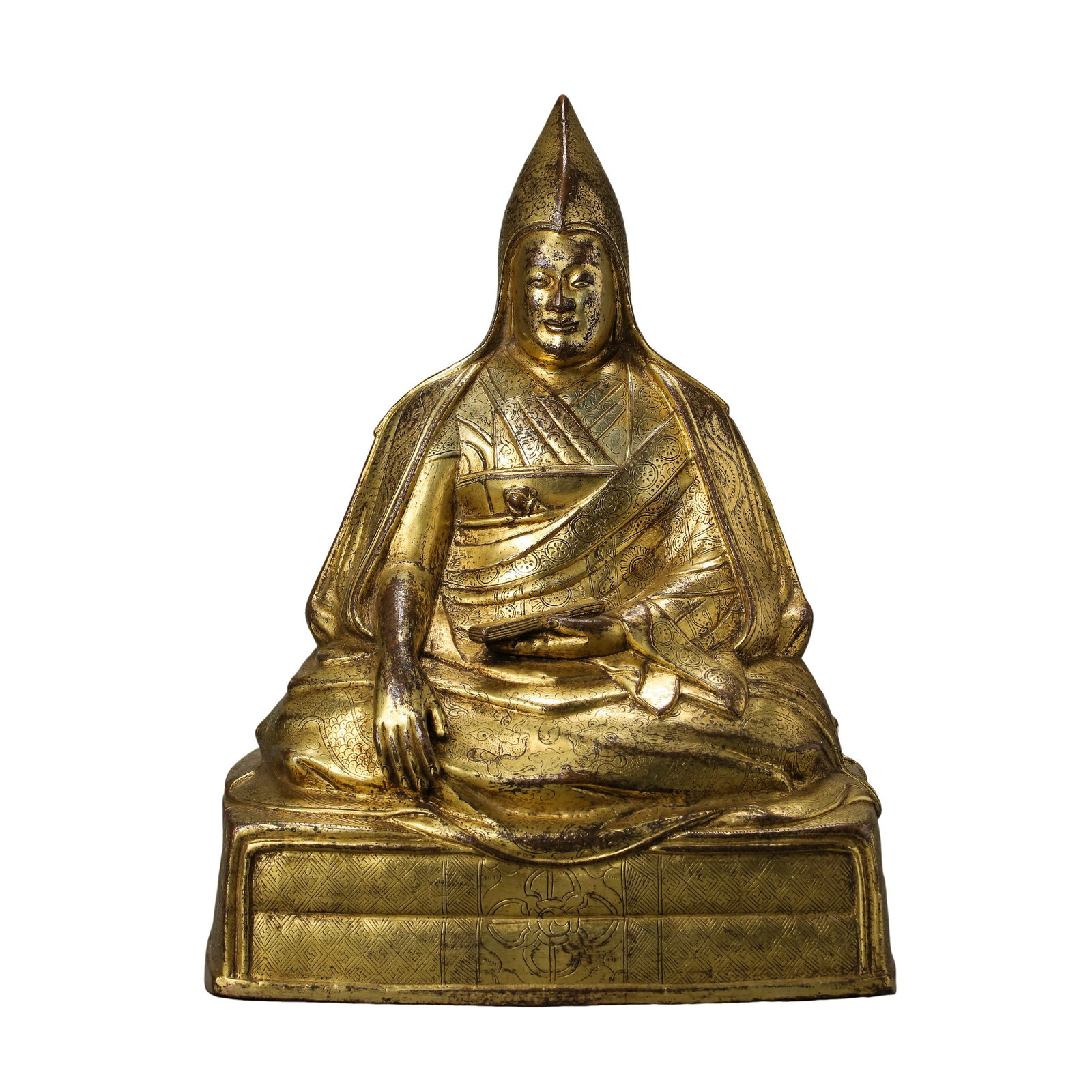 18th?Century Qing Gilt?Bronze Seated Tsongkhapa Figure: Dimensions: H:24cm(9.45in), W:17cm(6.69in), Weight:3.5kg,18th century Condition & Provenance: The figure is well?preserved overall. Majority of original gilding remains intact. Natural age?related
