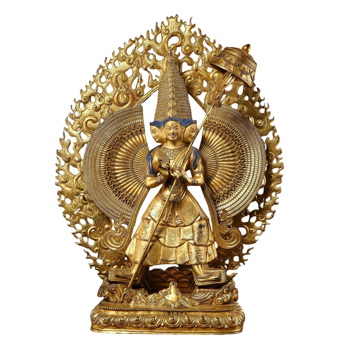 18th?Century Qing Gilt?Bronze Sit?tapatr? (White Umbrella Goddess) Figure: Dimensions: H:57cm(22.44in),18th century Condition & Provenance: Deity, open?work flaming mandorla and base are original matched detachable assembly. Thick original gilding with age?related surface