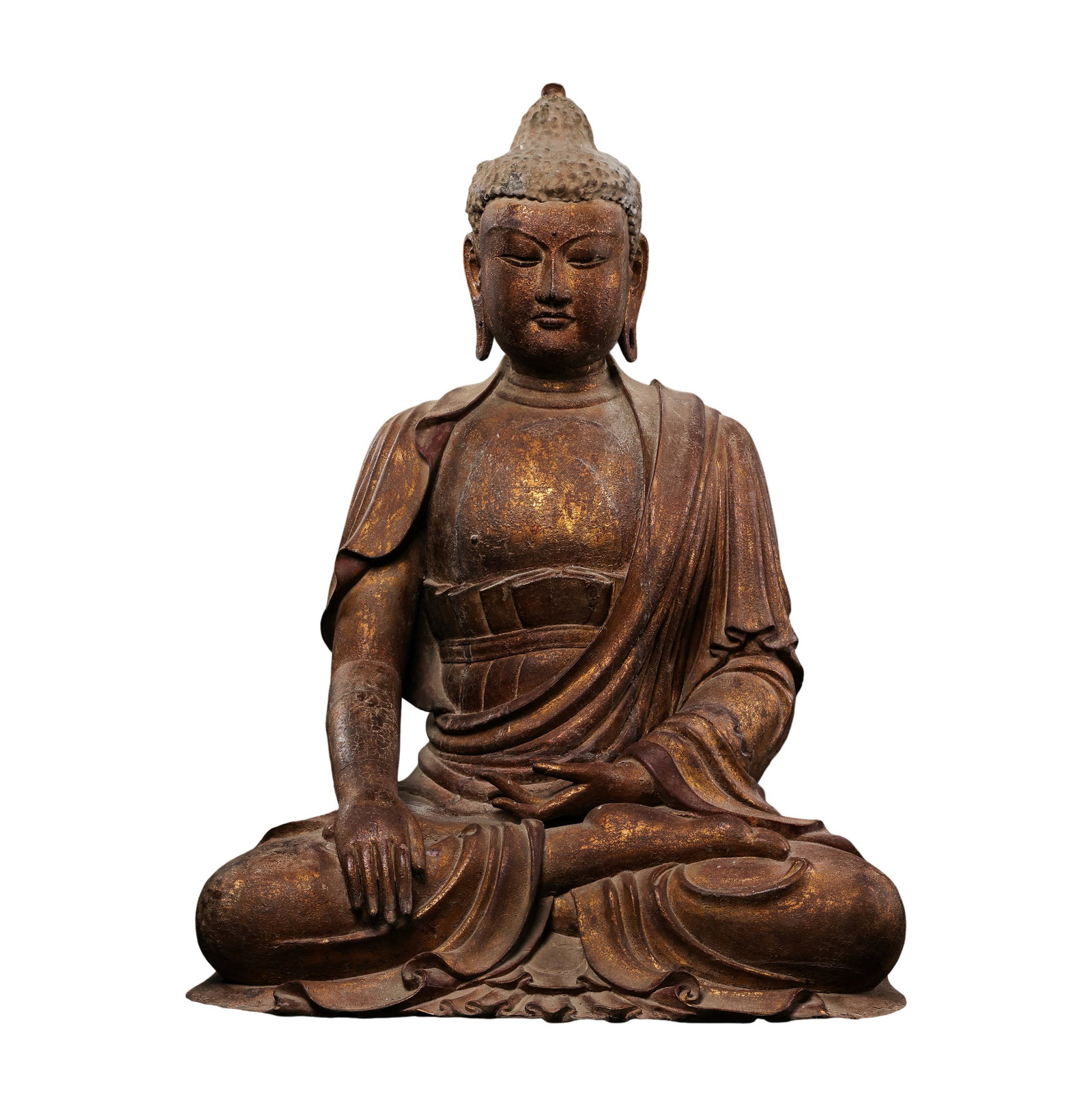 Song?Dynasty Gilded?Clay Wood?Carved Seated Shakyamuni Buddha,10th?13th: Dimensions:Height 83 cm,base width 59 cmCondition & Provenance:The entire wooden sculpture remains structurally sound without major breaks or large?scale losses.Wood core stays firm.Gilded?clay surfac