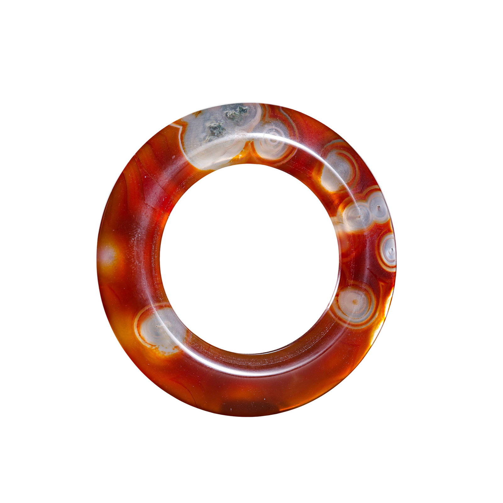 Warring States Natural Eye Banded Agate Three-Circle Disc Pendant, Pre-Qin Dynasty: Measurements: Outer diameter 5.8cm (2.28 inches), weight 18 grams, 5th–3rd century BCE Pre-Qin ancient jade artifactCondition & Provenance: The ring is fully intact with no chips, cracks or repaired