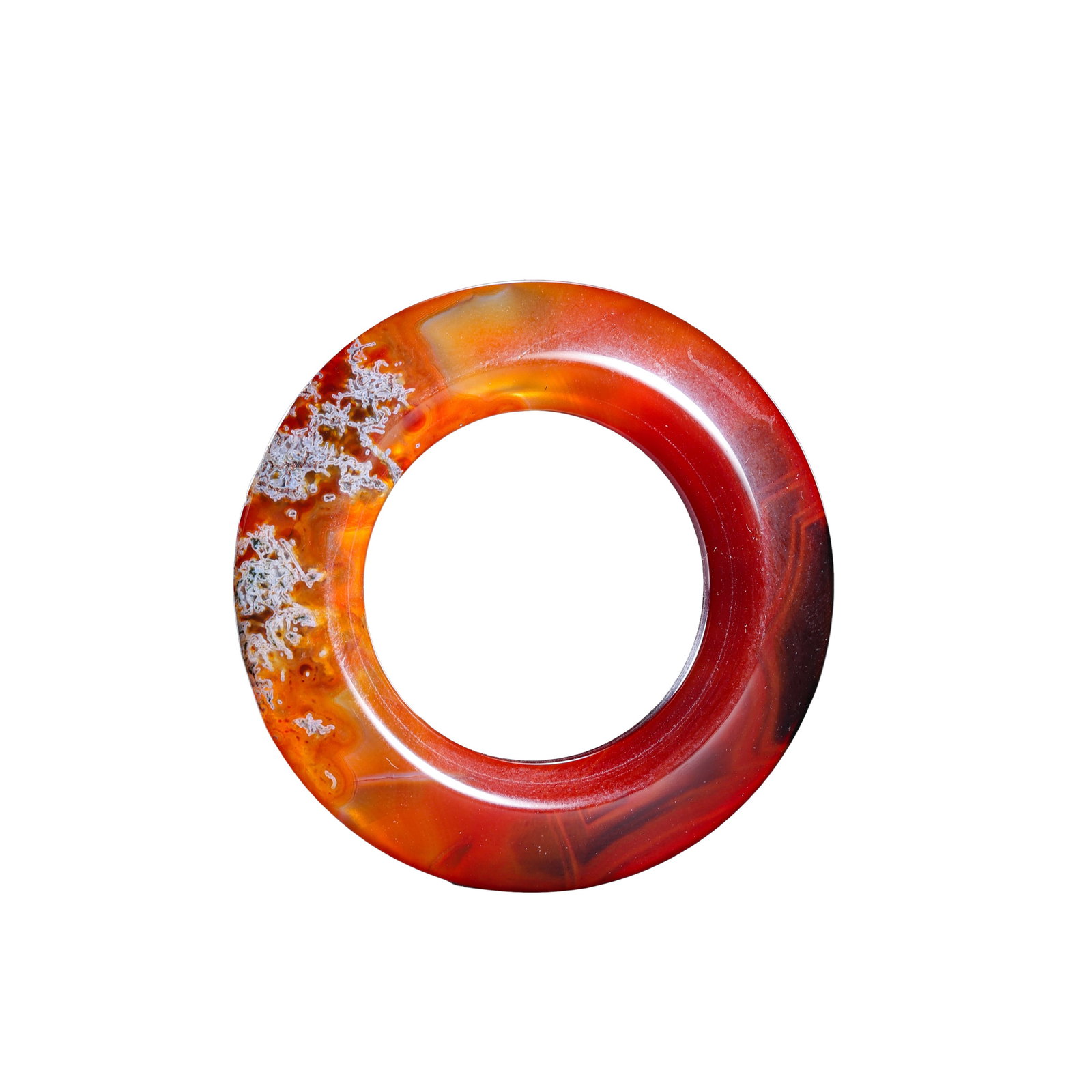 Warring States Natural Moss Red Banded Agate Three-Circle Disc Pendant, Pre-Qin Dynasty: Measurements: Outer diameter 5.3cm (2.09 inches), weight 19 grams, 5th–3rd century BCE Pre-Qin ancient jade artifact?condition & Provenance: The agate ring is fully intact without cracks, chips or r