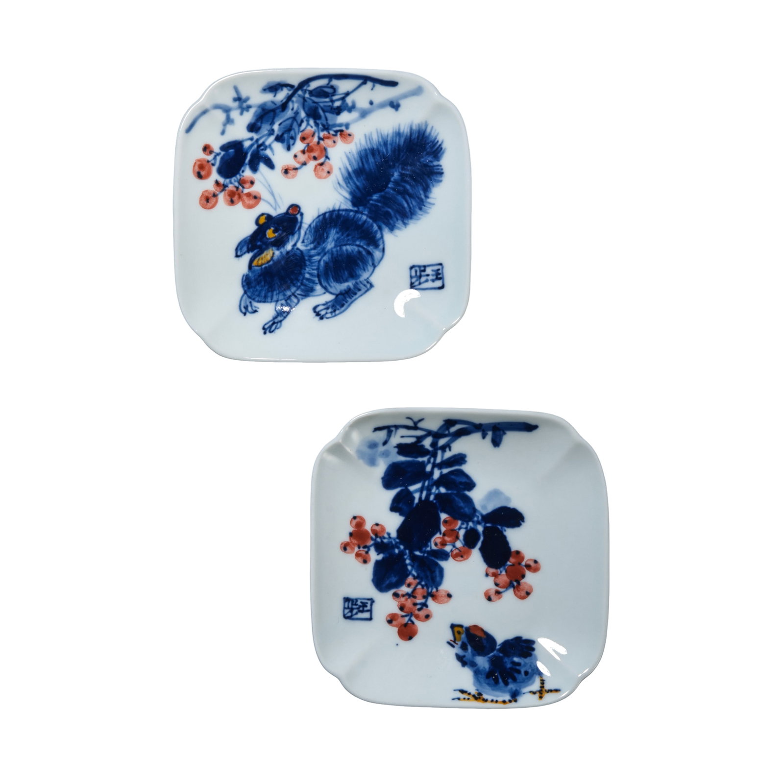 Pair of Underglaze Blue Copper Red Lobed Square Plates Featuring Squirrel-Wolfberry &: Measurements: Single plate side length 10cm (3.94 inches), 20th century Jingdezhen literati porcelainCondition & Provenance: The matched pair remains fully intact with no cracks, chips, glaze flaking 