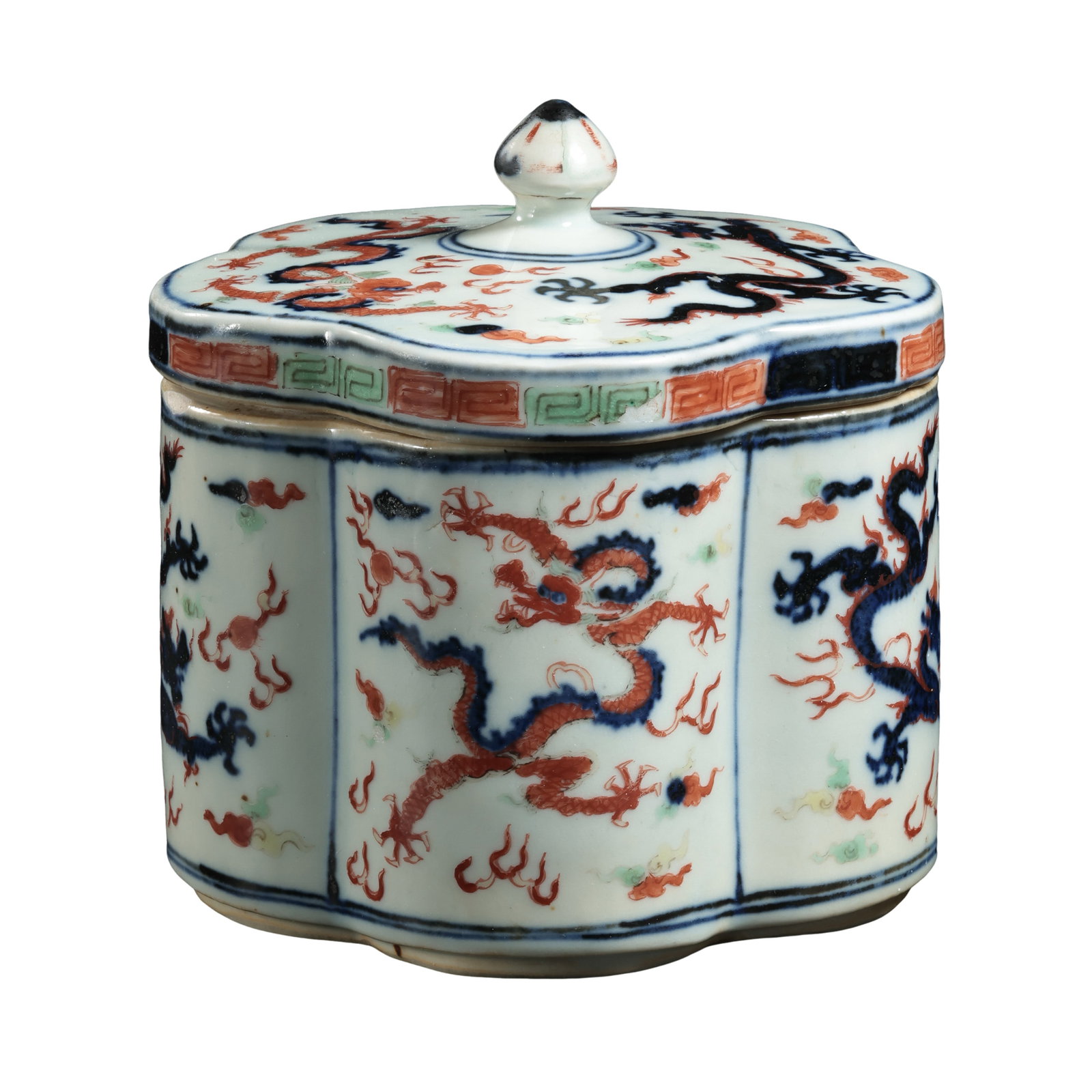 Ming Wanli Mark Blue?and?White Wucai Cloud?Dragon Plum?Blossom Form Covered Box, Ming (1 of 13)