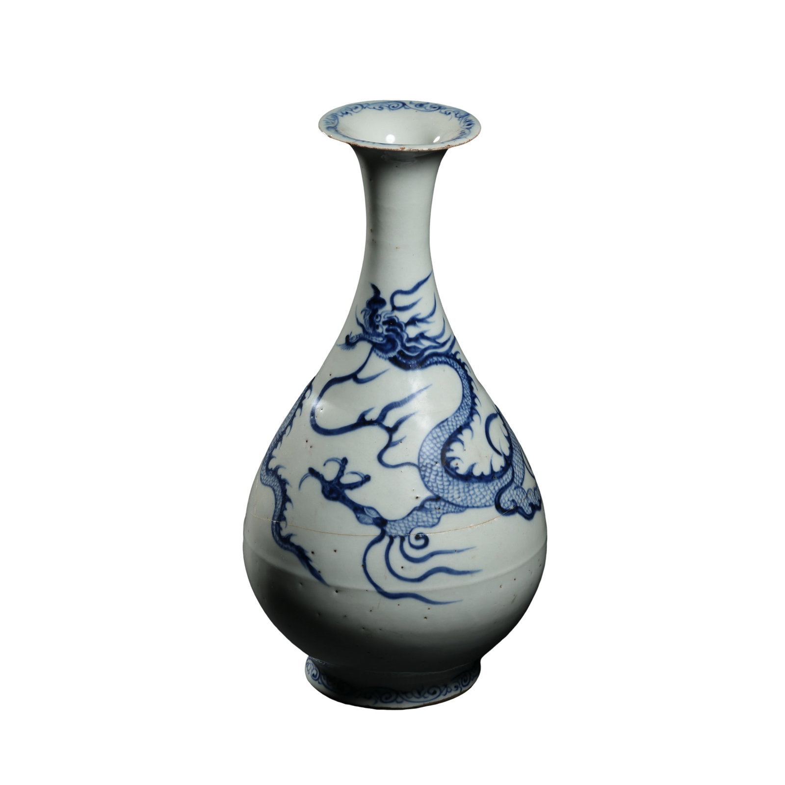 Yuan Dynasty Underglaze Blue Cloud Dragon Flared Rim Yuhuchun Pear Vase, 14th Century Yuan Dynasty: Measurements: Overall height 30cm (11.81 inches), 14th century Chinese Yuan blue and white porcelainCondition & Provenance: A long horizontal age crack runs across the pear-shaped belly. Minor faint g