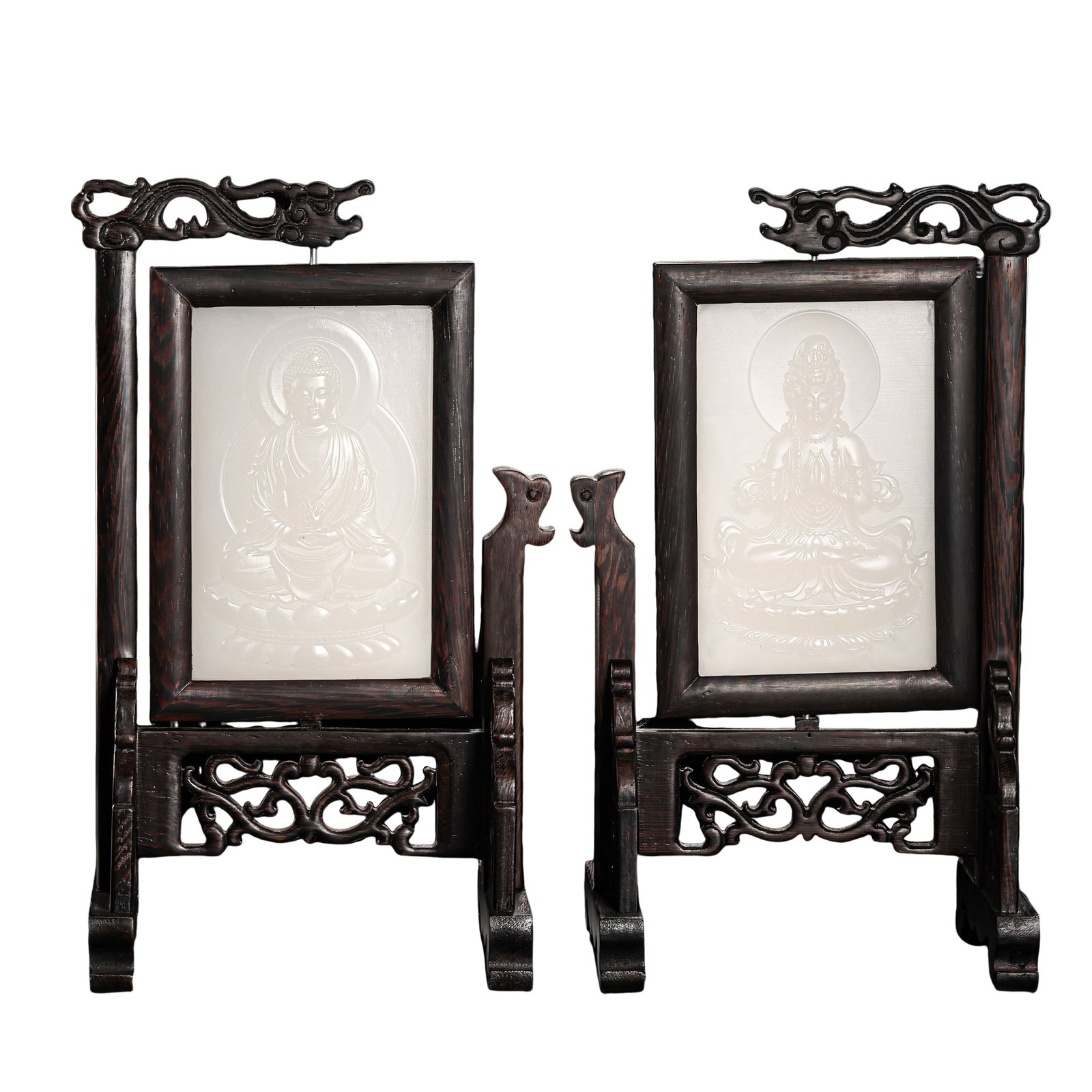Qing Dynasty Pair of Reticulated Dragon Frame Black Sandalwood Table Screens Inlaid with Hetian: Measurements: Total weight of pair 1363g; Large Buddha screen overall height 30cm (11.81 inches), width 15cm (5.91 inches); Small Guanyin screen overall height 14cm (5.51 inches), width 9cm (3.54 inch