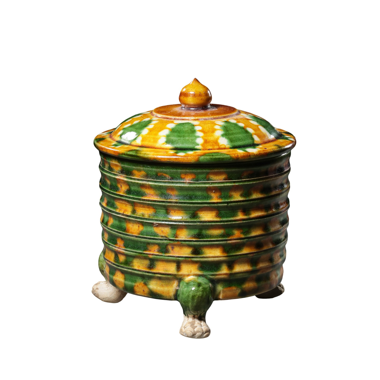 Tang Dynasty Sancai Yellow-Green-White Splashed Ribbed Tripod Cosmetic Casket with Animal Feet &: Measurements: Rim diameter 9.5cm (3.74 inches), overall height 12cm (4.72 inches), 7–10th century Tang low-fired polychrome potteryCondition & Provenance: The vessel and matching lid are original fa
