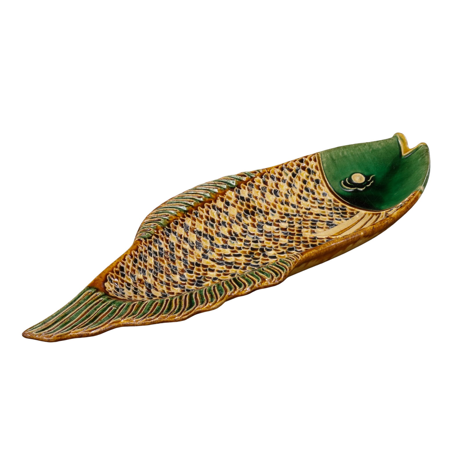 Tang Dynasty Sancai Mold?Impressed Fish?Shaped Large Platter with Scale Decoration, 7th?10th: Measurements: Total length 37.5cm (14.76 inches), maximum width 13cm (5.12 inches), 7?10th century Tang low?fired lead?glazed potteryCondition & Provenance: The platter is fully intact without cracks.