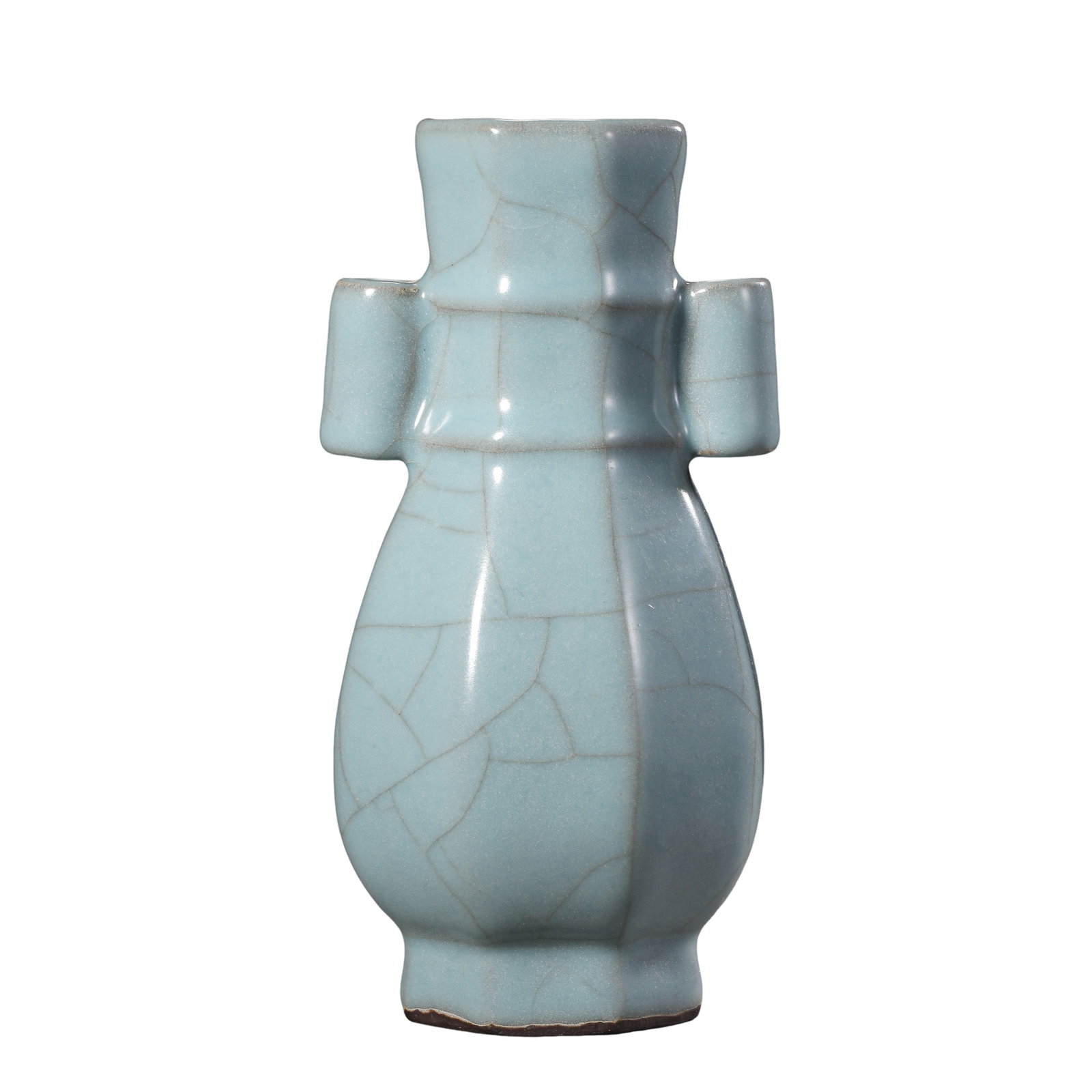 Song Dynasty Guan Kiln Celadon Octagonal Arrow Vase with Tubular Handles (10th?13th Century A.D.): Dimensions?Height 14.5cm (5.71 in), Mouth Diameter 7.5cm (2.95 in), 10th?13th Century A.D.Condition & Provenance?The vase is fully intact, free of cracks, chips or later restoration. Interwoven natura