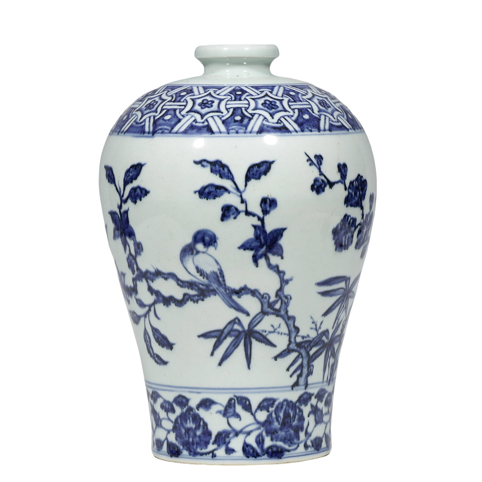 Ming Dynasty Blue-and-White Meiping with Diaper-Ground Shoulder Band, Birds, and Flowering Branches: Dimensions: Height 29 cm (approximately 11.42 in); Ming Dynasty, 14th–17th centuryCondition and Provenance: Overall in well-preserved condition, with the mouth, neck, shoulder, and body remaining in