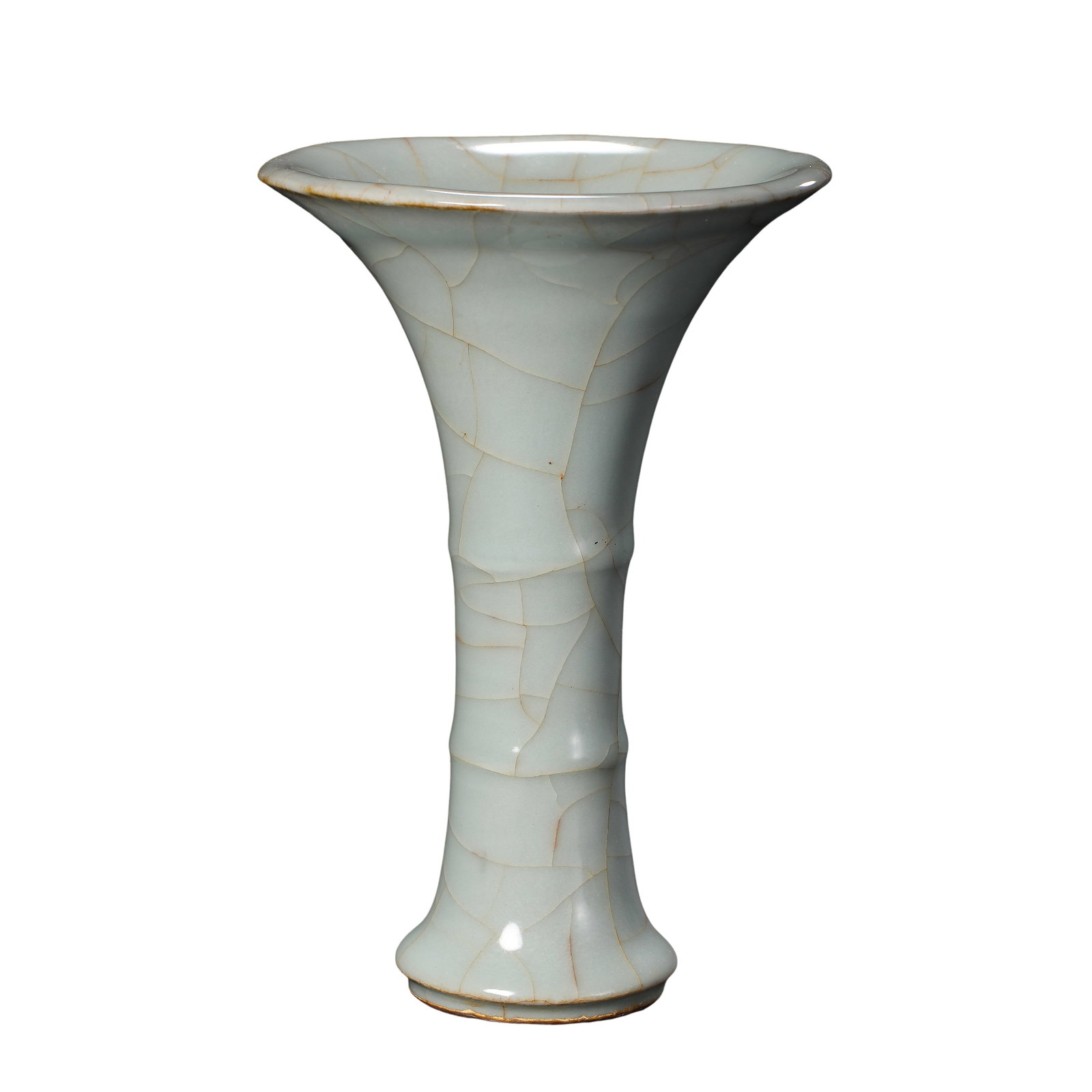 Southern Song Guan Kiln Powder?Celadon Gold?Thread Crackle Gu?Shaped Vase (12th?13th Century: Dimensions?Height 19.2cm (7.56 in), Mouth Diameter 13cm (5.12 in), 12th?13th Century A.D.Condition & Provenance?This vase is completely intact, free of cracks, chips and modern restoration. The glaze 