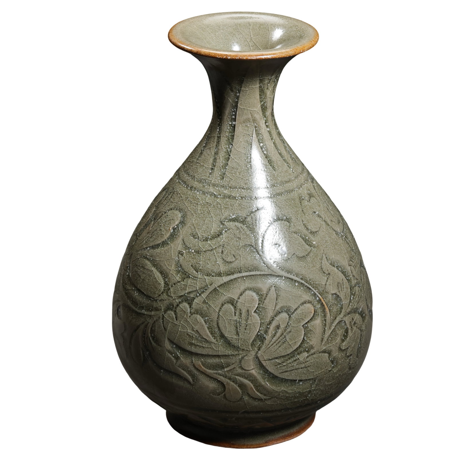 Song Dynasty Yaozhou Kiln Celadon Vase with Carved Boys and Lotus Pattern, Yuhuchunping (10th-13th: Dimensions?Overall height 15cm (5.91 in), 10th-13th Century A.D.Condition & Provenance?The vase is fully intact with no cracks, chips or restorations. All crackle glaze is original from kiln firing. T