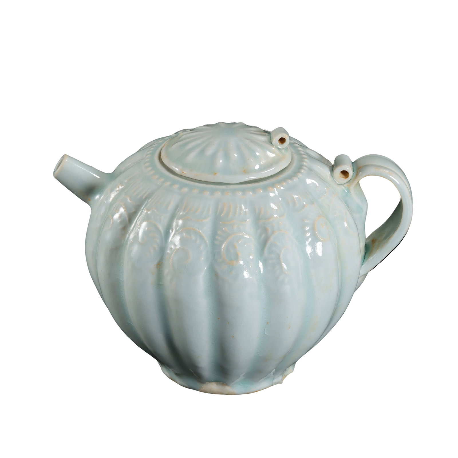 Song Dynasty Hutian Kiln Yingqing Porcelain Melon?Shaped Ewer with Mould?Impressed Decoration: Dimensions?Maximum width 12cm (4.72 in), overall height 9cm (3.54 in), 10th?13th Century A.D.Condition & Provenance?Comes with its original matching lid. The ewer is fully intact without cracks, chips