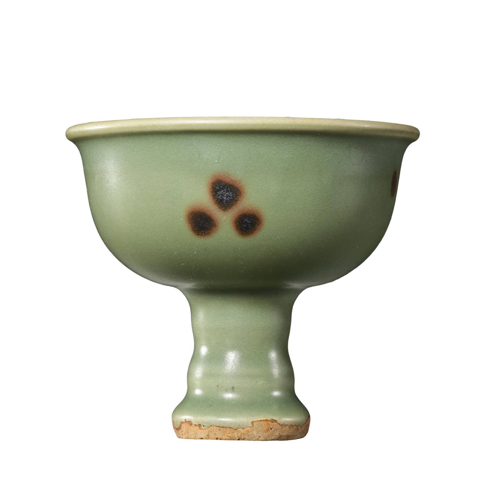 Yuan Dynasty Longquan Kiln Celadon High?Foot Bowl with Iron?Spot Splashed Decoration: Dimensions?Mouth diameter 12.5cm (4.92 in), overall height 10.8cm (4.25 in), 13th?14th Century A.D.Condition & Provenance?The bowl is fully intact without cracks, chips or restoration. The reddish?bro