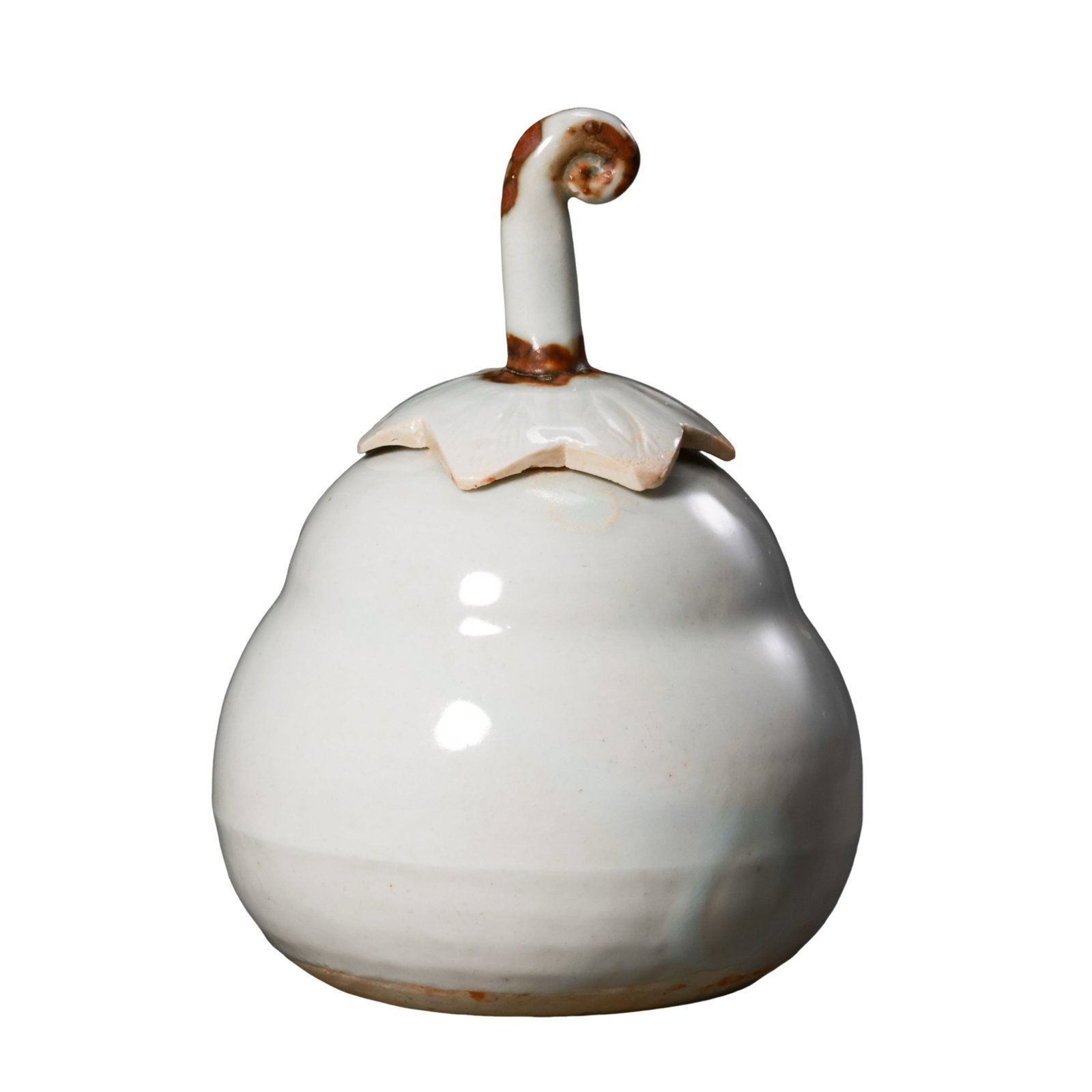 Song Dynasty Yingqing Celadon Eggplant?Shaped Lidded Jar (10th?13th Century A.D.): Dimensions?Maximum belly diameter 8cm (3.15 in), overall height 11.5cm (4.53 in), 10th?13th Century A.D.Condition & Provenance?Jar body is fully intact without cracks or chips, original matching lid i