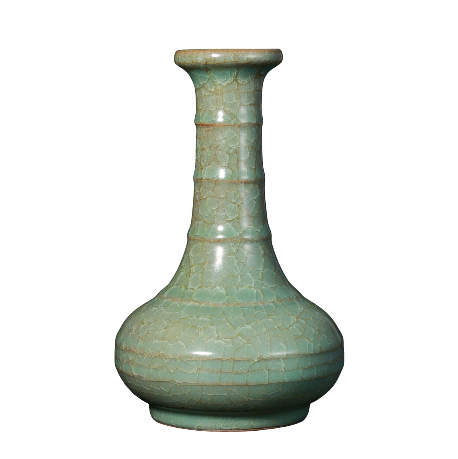 Southern Song Longquan Celadon Light Green Ice-Crack Bamboo Joint String Pattern Plate Mouth Vase, (1 of 12)