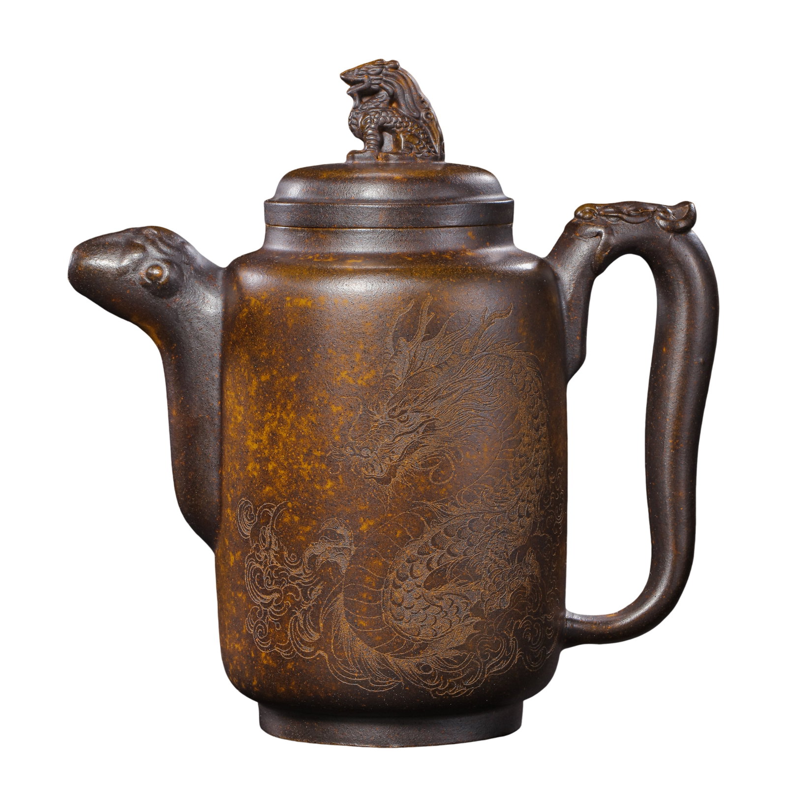 Qing?Dynasty Antique Bronze?Clay Zisha Teapot with Mythical?Beast Knob, Dragon Carving & Poem: Dimensions?Width 15cm (5.91 in), overall height 16cm (6.30 in), 17th?19th Century A.D.Condition & Provenance?The teapot is complete with original matching lid, spout and handle, free of cracks, chips 