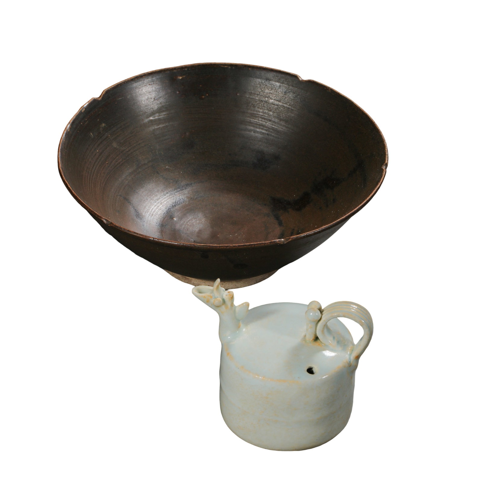 Group of Two Song?Dynasty Ceramics: Jizhou?Ware Floral?Rim Bowl and Yingqing Dragon?Spout (1 of 12)