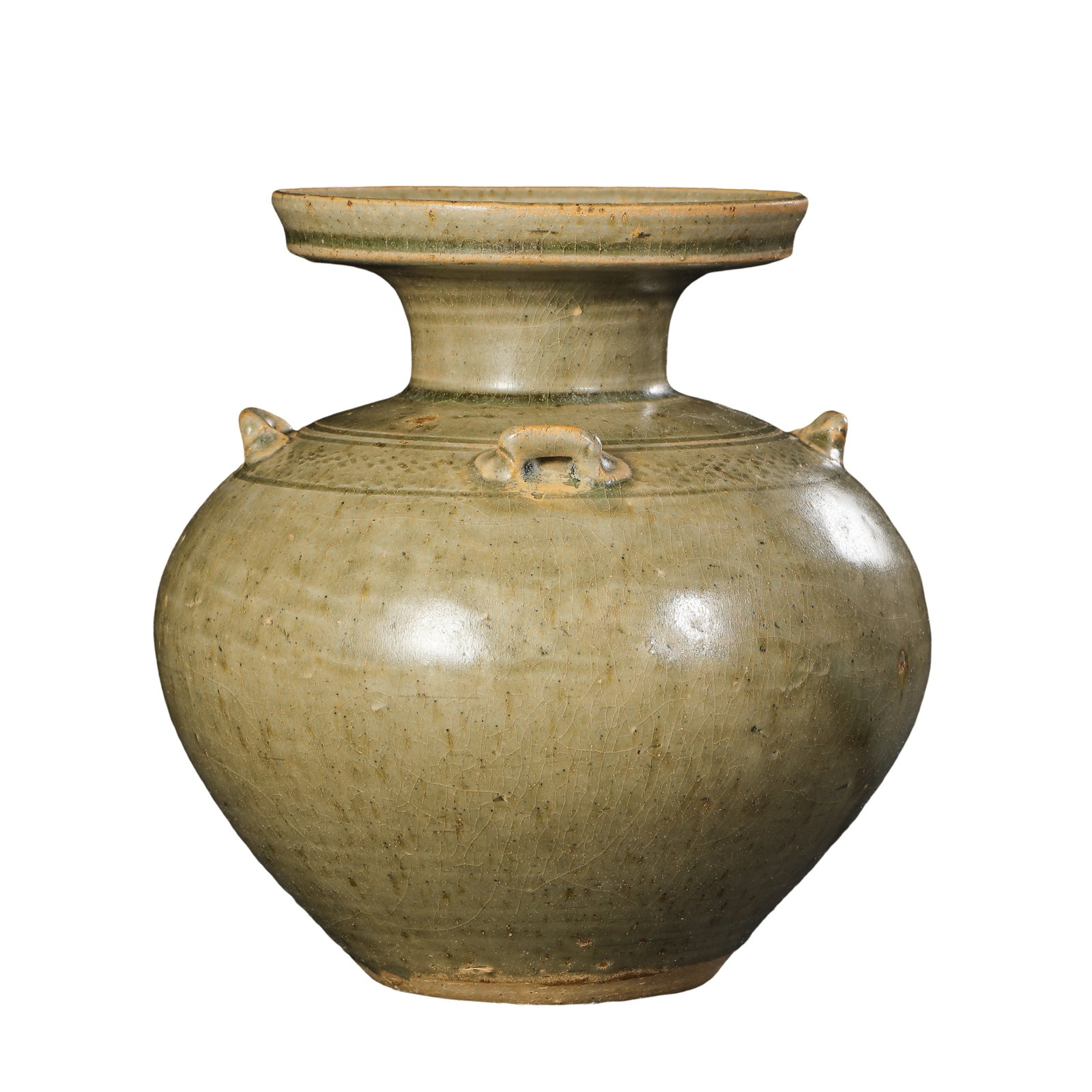 Jin Dynasty Yue Kiln Celadon Three-Lug Dish-Mouth Vessel,3rd-5th Century A.D.: Dimensions?Overall height 15.5cm (6.10 in),3rd-5th Century A.D.Condition & Provenance?The vessel is fully intact with no cracks, chips or restorations. The original celadon glaze covers the entire bod