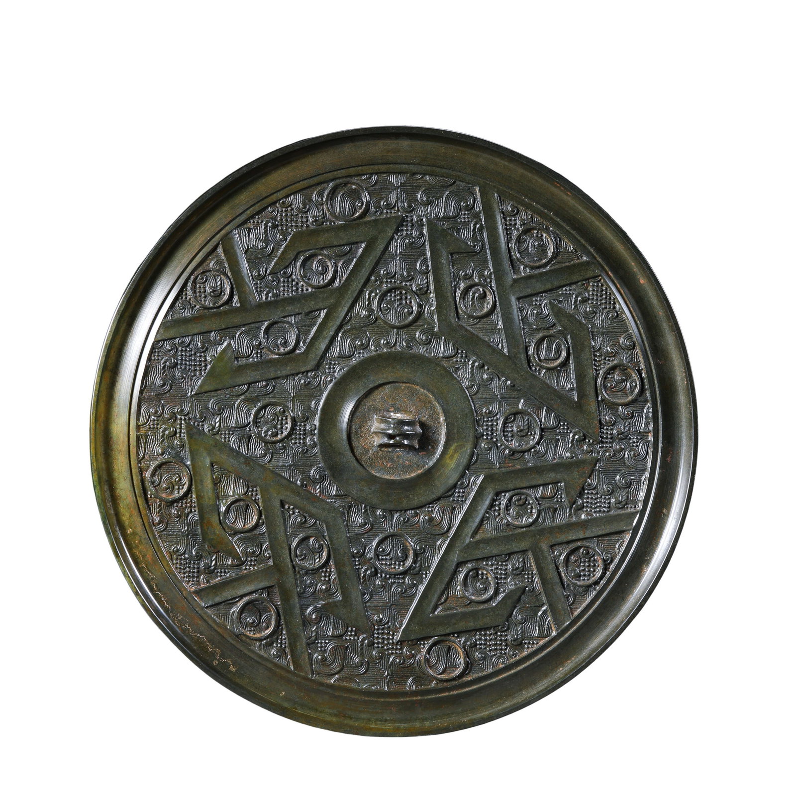 Bronze Mirror with Four Mountain Patterns, Warring States Period, 4th-3rd Century B.C.: Dimensions?Diameter 21.3cm (8.39 in), Weight 897g, 4th to 3rd Century B.C.Condition & Provenance?The bronze mirror is fully intact without cracks, perforations or restorations. The rim maintains a nea