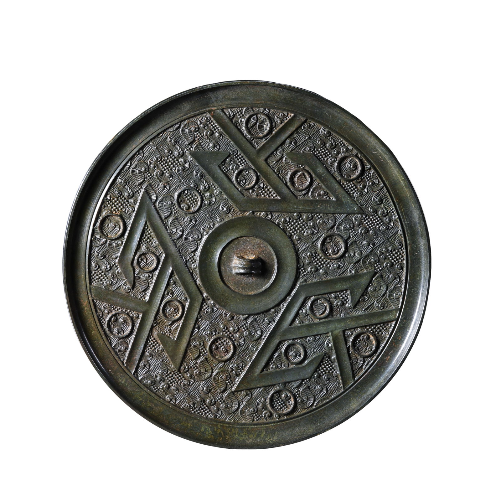 Fine Bronze Mirror with Four Mountain Motifs, Warring States Period, 4th-3rd Century B.C.: Dimensions?Diameter 21.3cm (8.39 in), Weight 1146g, 4th to 3rd Century B.C.Condition & Provenance?The bronze mirror is fully intact with no cracks, perforations or restorations. The wide rim maintains