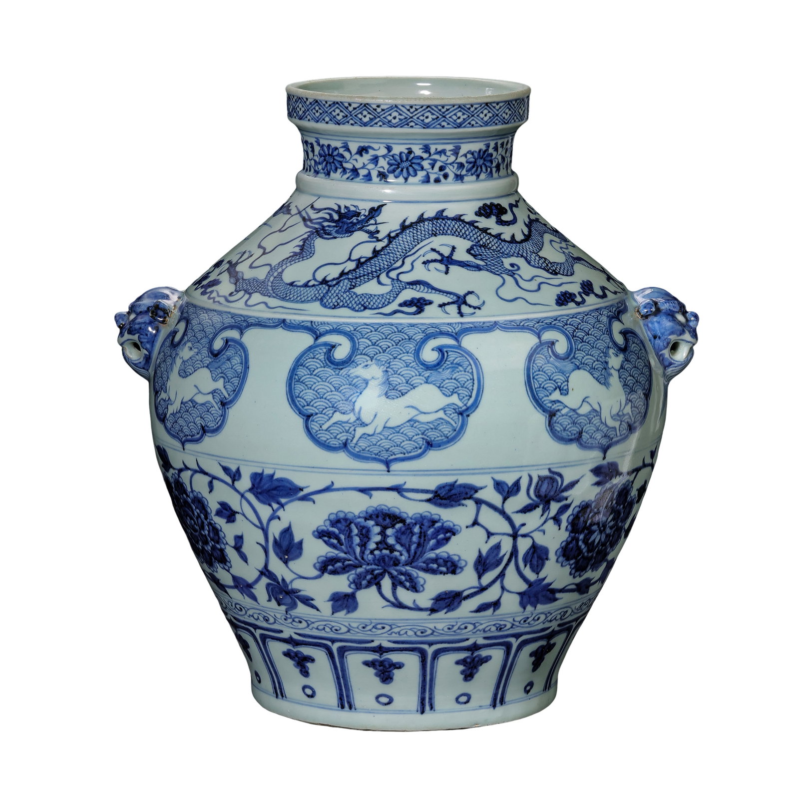 Yuan Dynasty Blue and White Dragon, Seawater Heavenly Horse & Peony Large Jar with Double Beast (1 of 16)