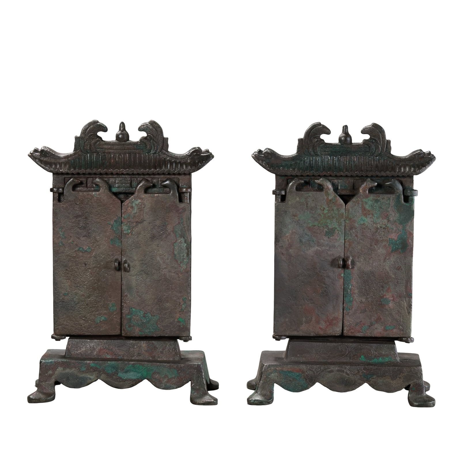 Liao?Jin Dynasty Pair Of Bronze Pavilion?Style Opening Buddhist Shrines,10th?13th Century,: Dimensions:Each shrine height 25cm,width 16cm,each weight 5557gCondition & Provenance:This is a matching pair excavated from the same context.Roof panels,double hinged doors and four?foot bases are al