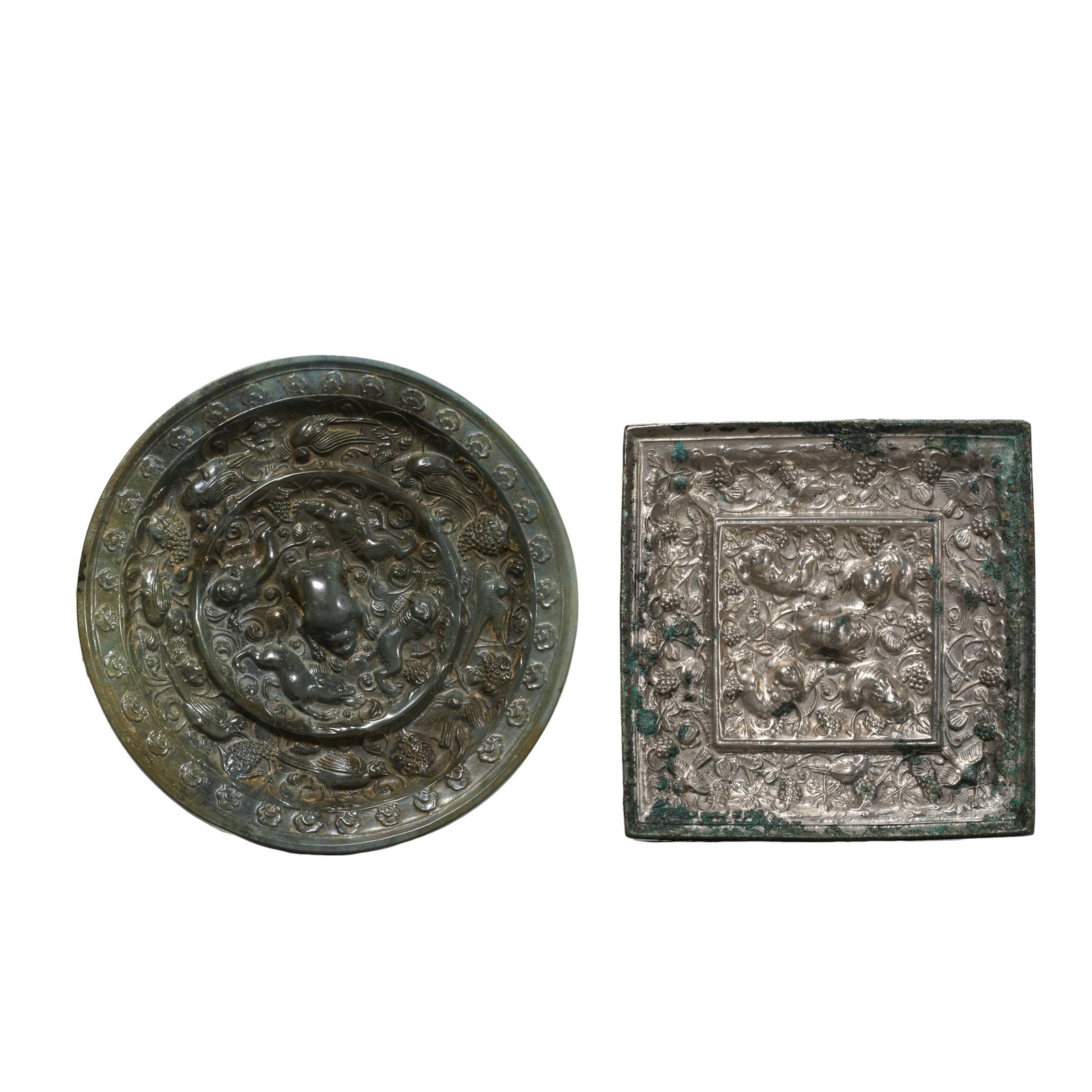 A Group of Three Tang Dynasty Bronze Mirrors with Auspicious Beasts, Floral Motifs and Geometric (1 of 10)