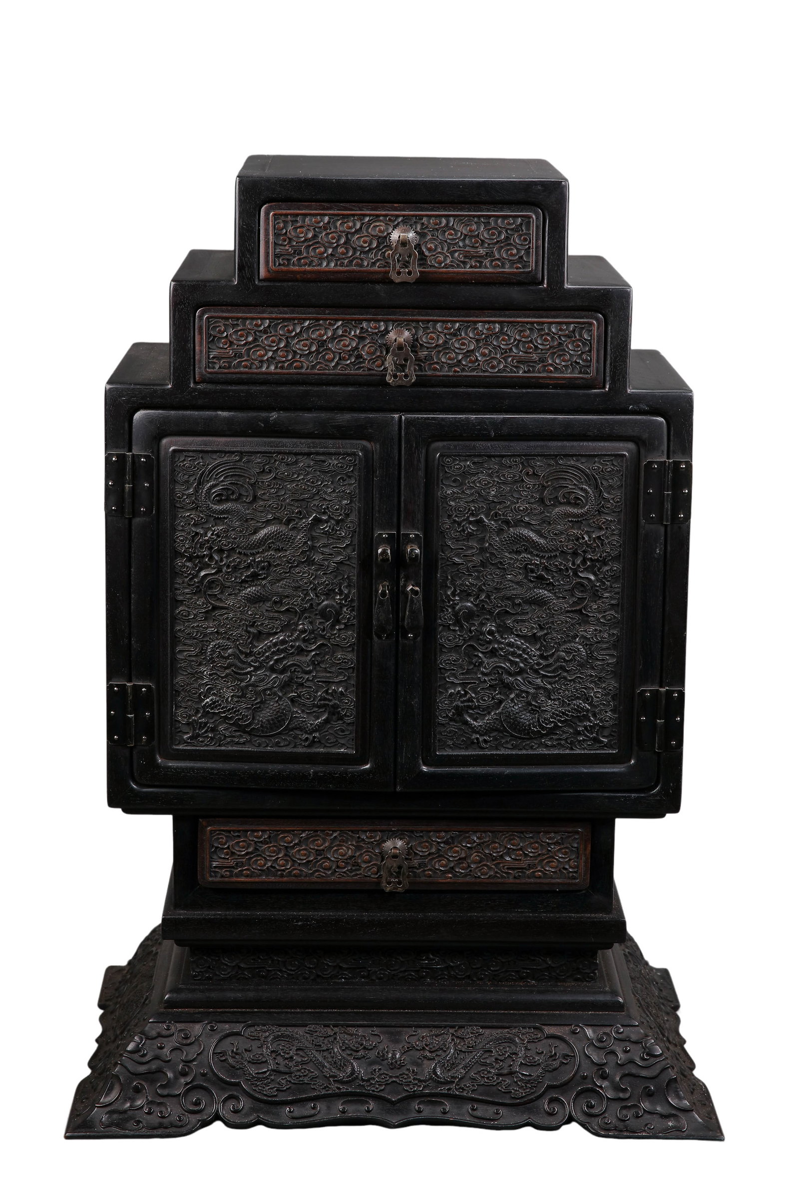 Qing Dynasty Zitan Multi-Tier Treasure Cabinet Fully Carved Dragon & Clouds, Complete Set with: Dimensions:Zitan cabinet width 41cm(16.14in),overall height 67.5cm(26.57in)Attached artifacts specs:Warring States Six Mountain Bronze Mirror:Diameter 24cm(9.45in),weight 986gBanded Agate Dzi Bead Nec
