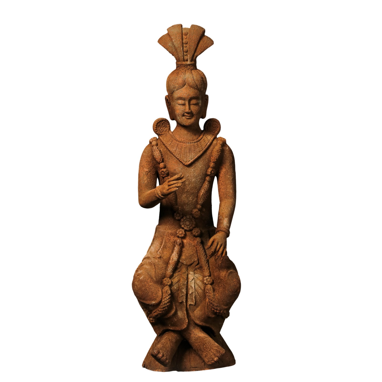 Ancient Khmer Terracotta Seated Bodhisattva Attendant Figure,9th–12th Century CE: Dimensions:Overall height 43cm(16.93in),width of top crown ornament 14cm(5.51in)Condition & Provenance:The figure is structurally intact with fully preserved facial features,beaded necklaces,bracelets