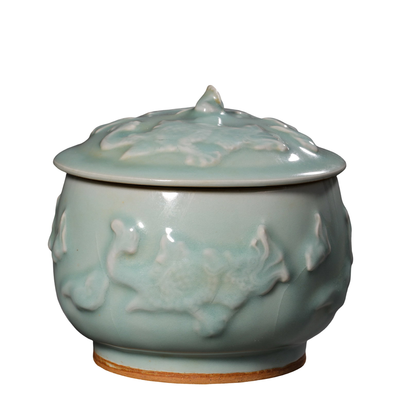 Yuan Dynasty Longquan Kiln Pink Celadon Lidded Jar with Applied Mythical Beast Relief,13th–14th: Dimensions:Overall height 15cm(5.91in),maximum belly diameter 16cm(6.30in),13th–14th Century CECondition & Provenance:The jar and its matching original lid form a complete undamaged set without crac