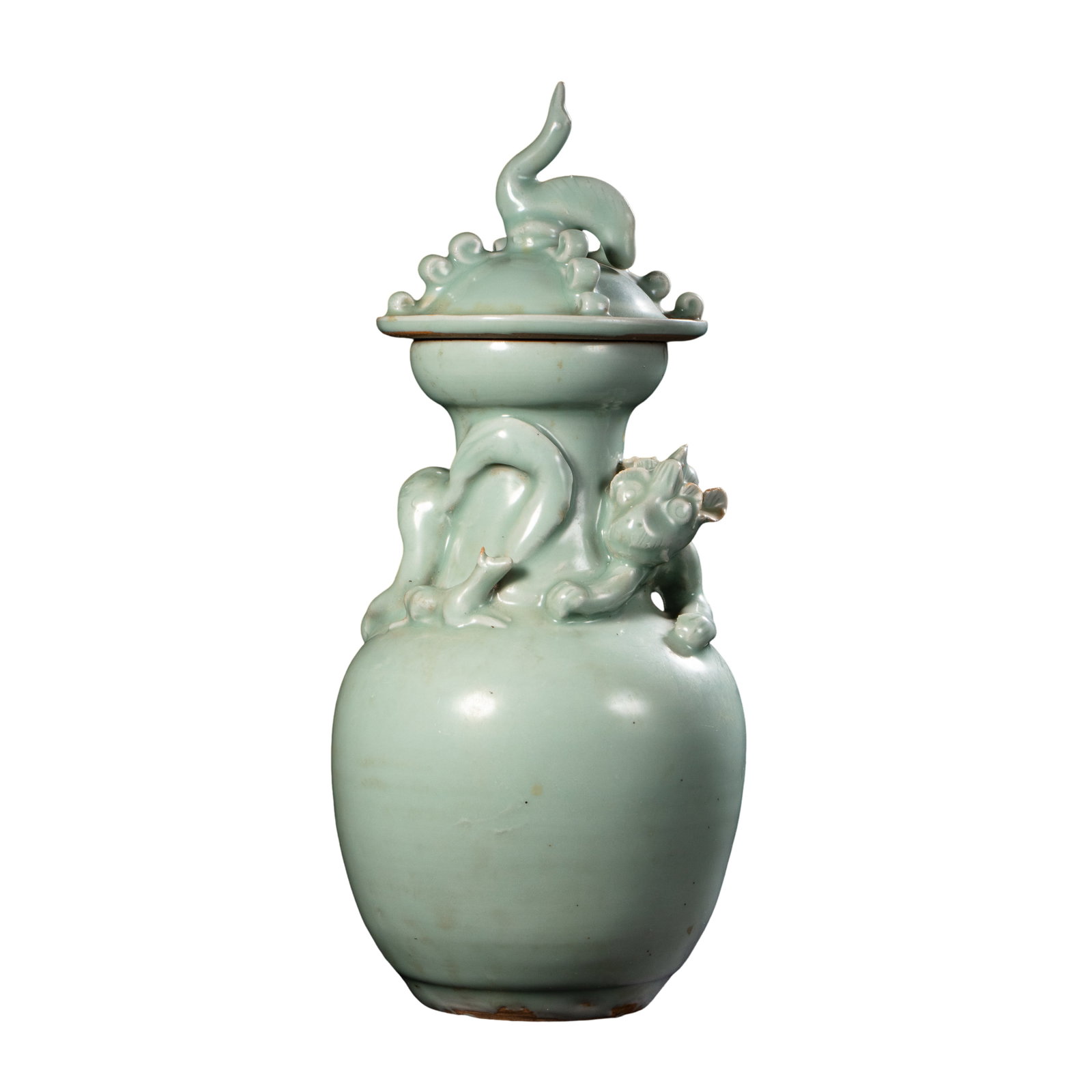 Yuan Dynasty Longquan Kiln Pale Celadon Covered Vase with Applied Dragon and Tiger (1 of 12)