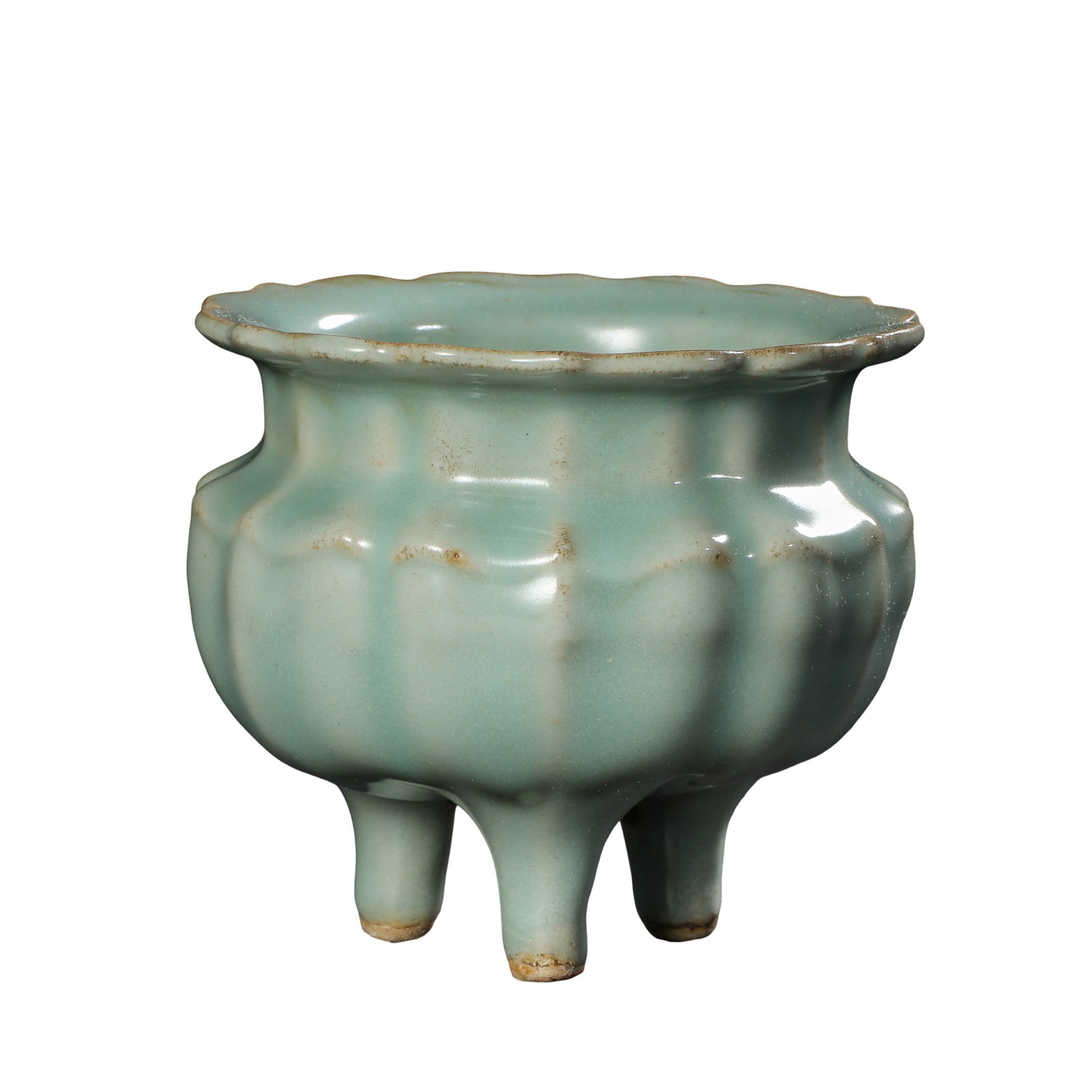 Yuan Dynasty Longquan Kiln Pale Celadon Floral?Lobed Tripod Censer,13th?14th Century CE (1 of 9)