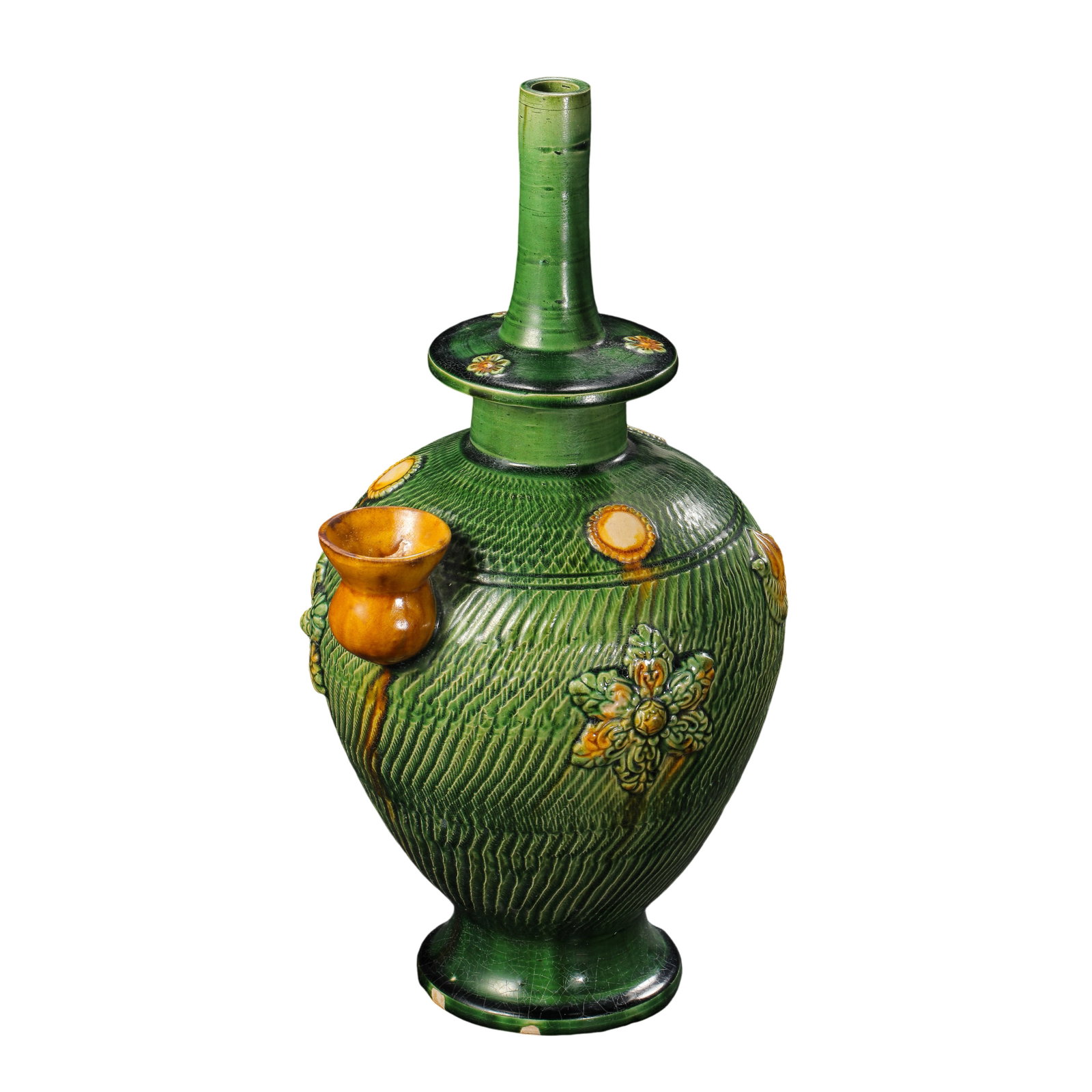 Liao Dynasty Tri?Color Green?Ground Marbled Clay Applied Floral Kundi Water Vessel,10th?12th: Dimensions:Overall height 35cm(13.78in),10th?12th Century CECondition & Provenance:The vessel is fully intact with no penetrating cracks or large chips,free of any modern restoration work.The rich eme