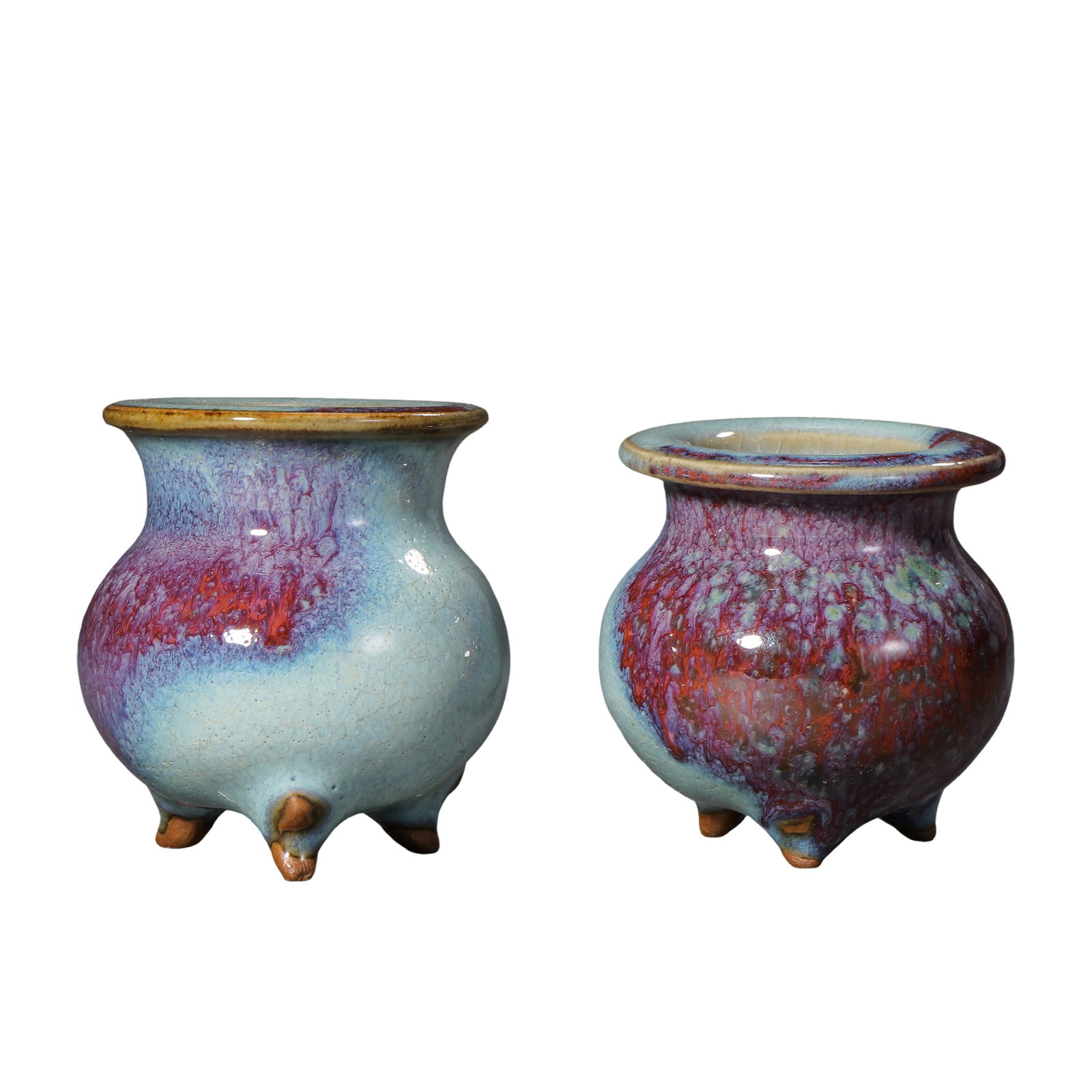 Yuan?Dynasty Jun?Yao Sky?Blue Glaze Rose?Purple Splashed Tripod Miniature Censer (1 of 16)