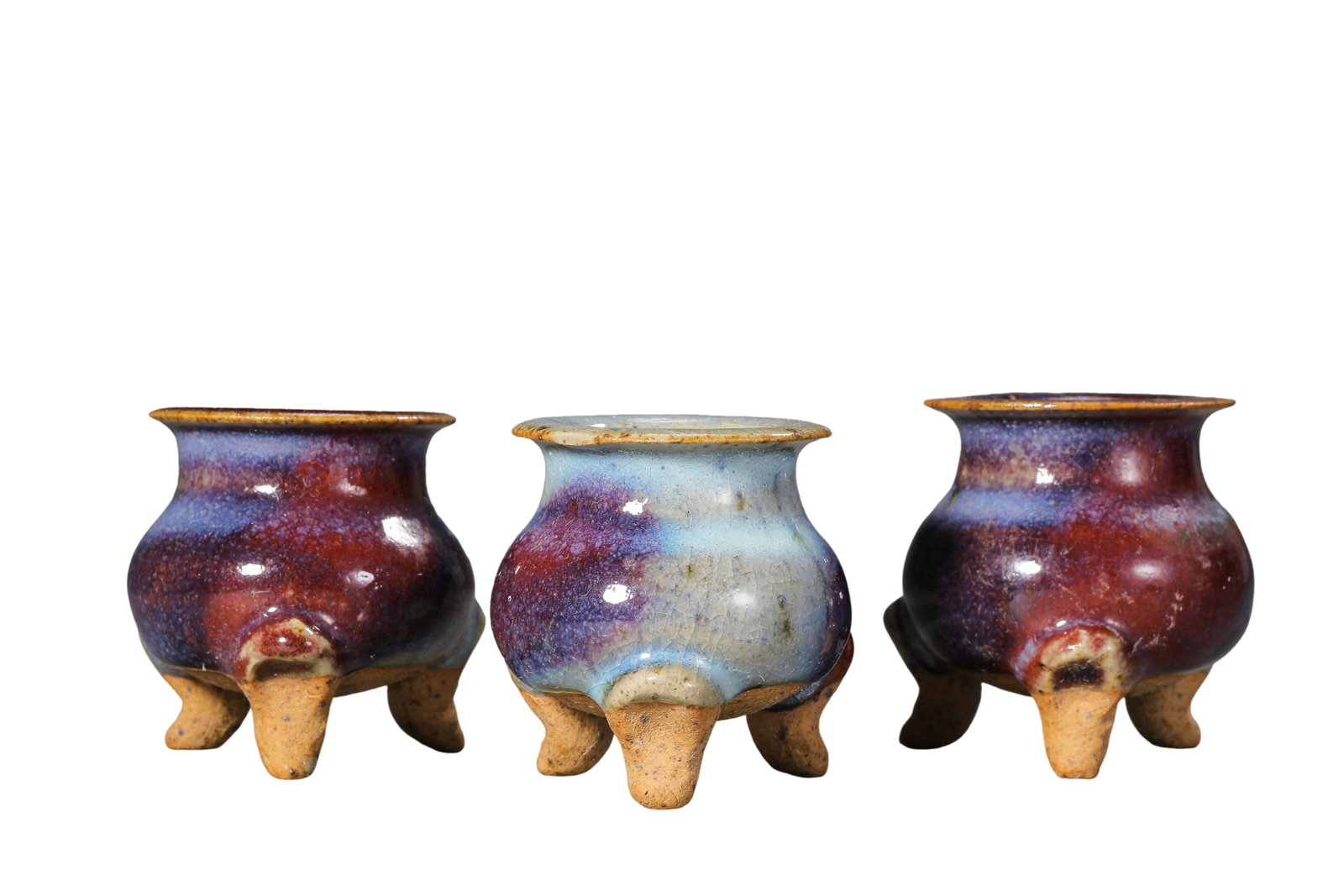 Yuan?Dynasty Jun?Yao Sky?Blue Glaze Rose?Purple Splashed Tripod Miniature Censer Group of (1 of 18)
