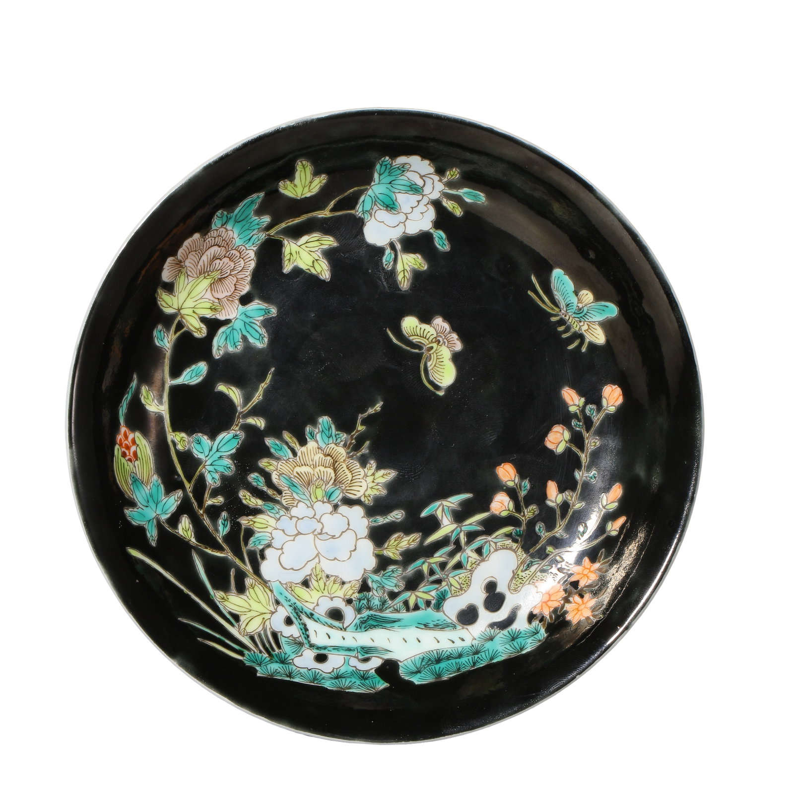 Qing Guangxu Black?Ground Wucai Flower?And?Butterfly Dish,Late 19th?Early 20th Century CE (1 of 9)