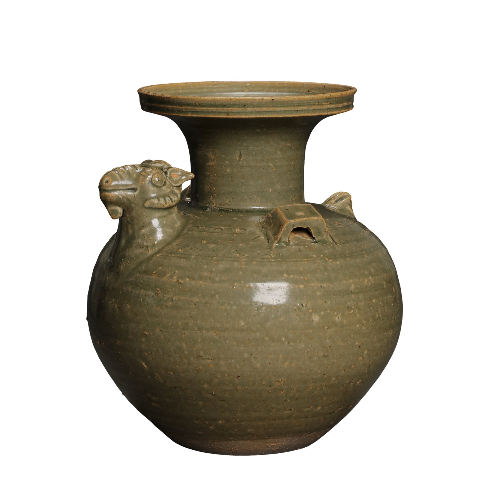 Jin Dynasty Yue Kiln Celadon Sheep Head Double Loop Handle Vase,4th Century CE: Dimensions:Overall height 23cm(9.06in),plate mouth diameter 13.5cm(5.31in),4th Century CECondition & Provenance:The entire vessel is fully intact without cracks,chips or modern restoration.The sculpte