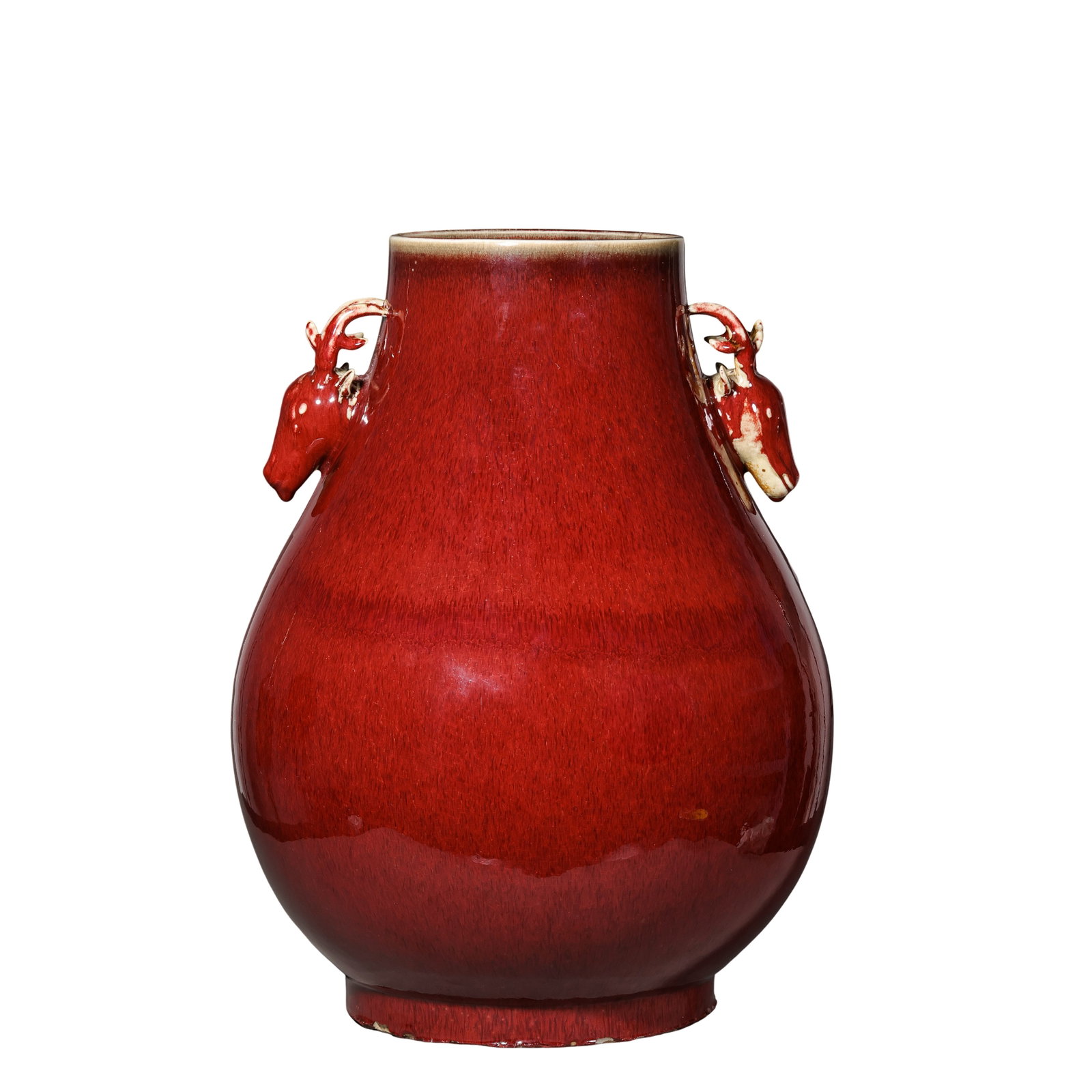 Qing Qianlong Flambe Langyao Red Glaze Deer Head Vase,18th Century CE: Dimensions:Overall Height 52cm(20.47in),18th Century CECondition & Provenance:The vase is fully intact with no cracks,chips or restored glaze.The whole surface features naturally fine aged crackles wi
